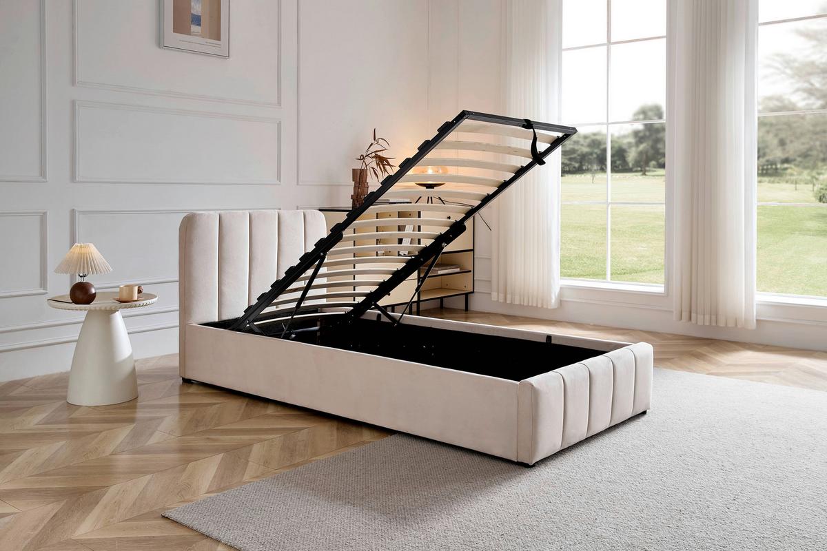 ŁÓŻKO TAPICEROWANE GISELLA - beżowy/kolor naturalny, Design, tworzywo sztuczne/drewno (90/200cm) - Boxxx