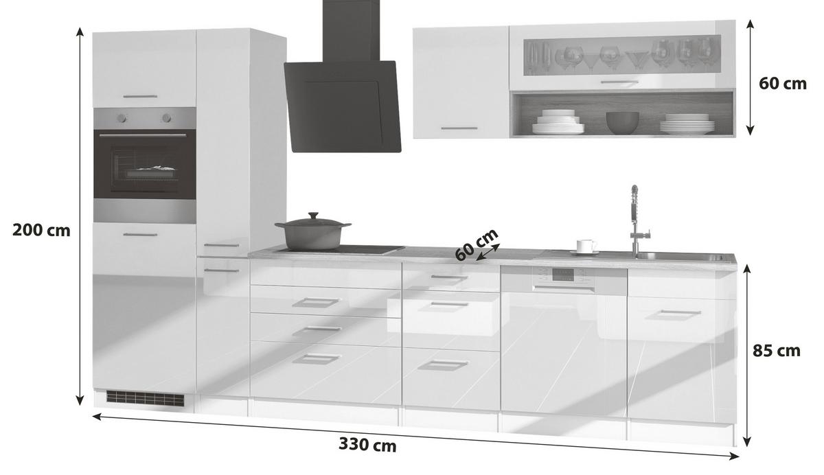 Küchenblock in Weiss inkl. E-Geräte 'Mailand' - Chromfarben/Weiß Hochglanz, MODERN, Holzwerkstoff/Metall (330cm) - Held
