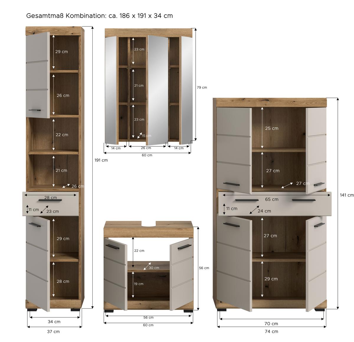 Badezimmer Scout 4-tlg. ca. 171 cm Kaschmir - Kaschmir/Schwarz, MODERN, Holzwerkstoff/Kunststoff (171cm) - MID.YOU