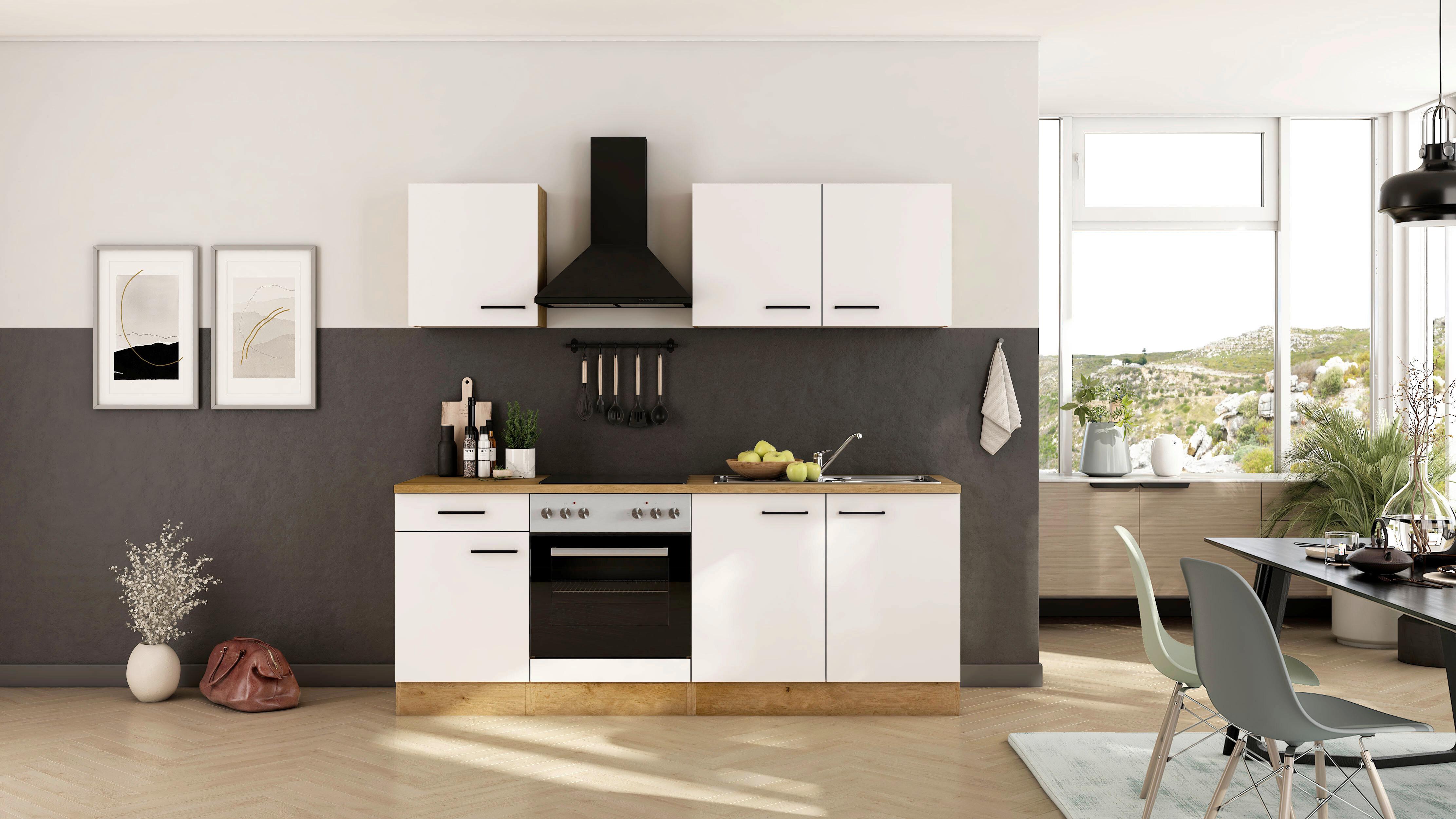 Küchenblock Avila m. Geräten Magnolie - Eichefarben/Magnolie, Trend, Holzwerkstoff/Metall (210cm) - FlexWell