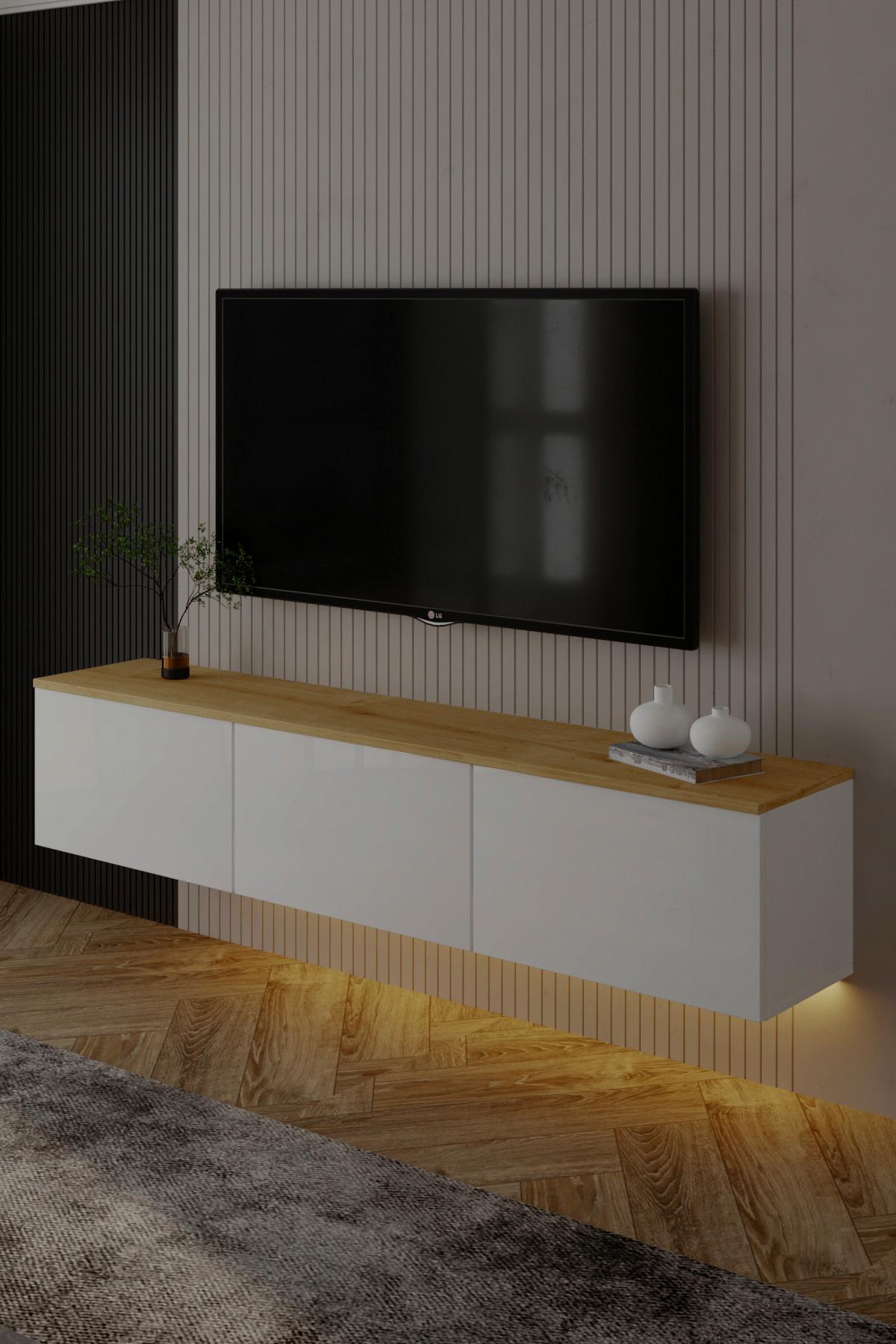 LOWBOARD NEON TV-MÖBEL - Weiss/Eichefarben, Design, Holzwerkstoff (160/35/32cm) - Livetastic