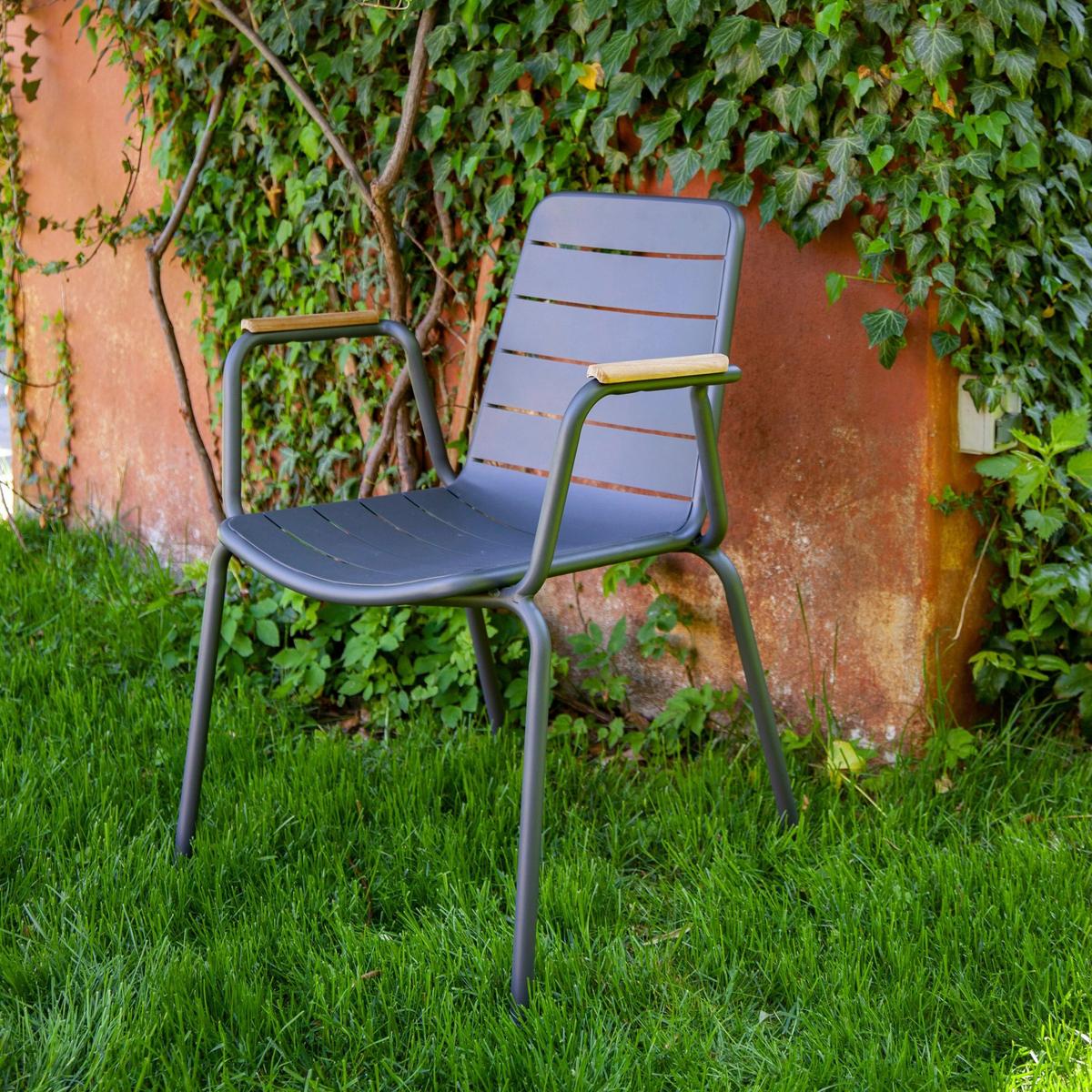 Gartenstuhl Parc Anthrazit/Teak stapelbar - Anthrazit/Naturfarben, Natur, Holz/Metall (58/80/58cm) - Gardenson