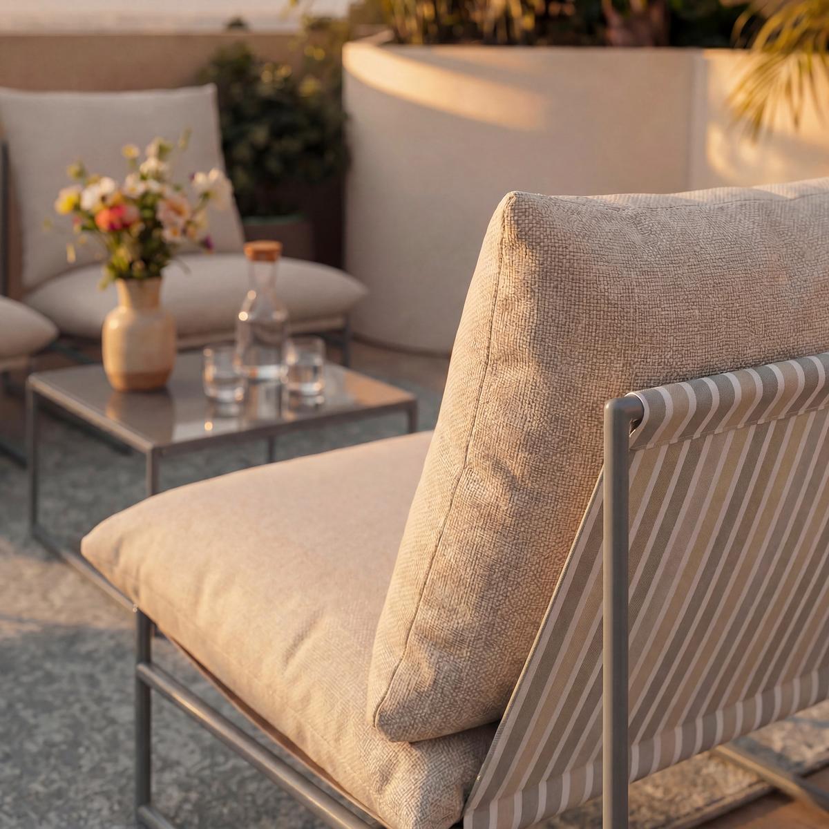 Loungegarnitur Lino Creme Outdoorstoff/Metall +Abdeckung - Dunkelgrau/Multicolor, MODERN, Glas/Textil - Bessagi Garden