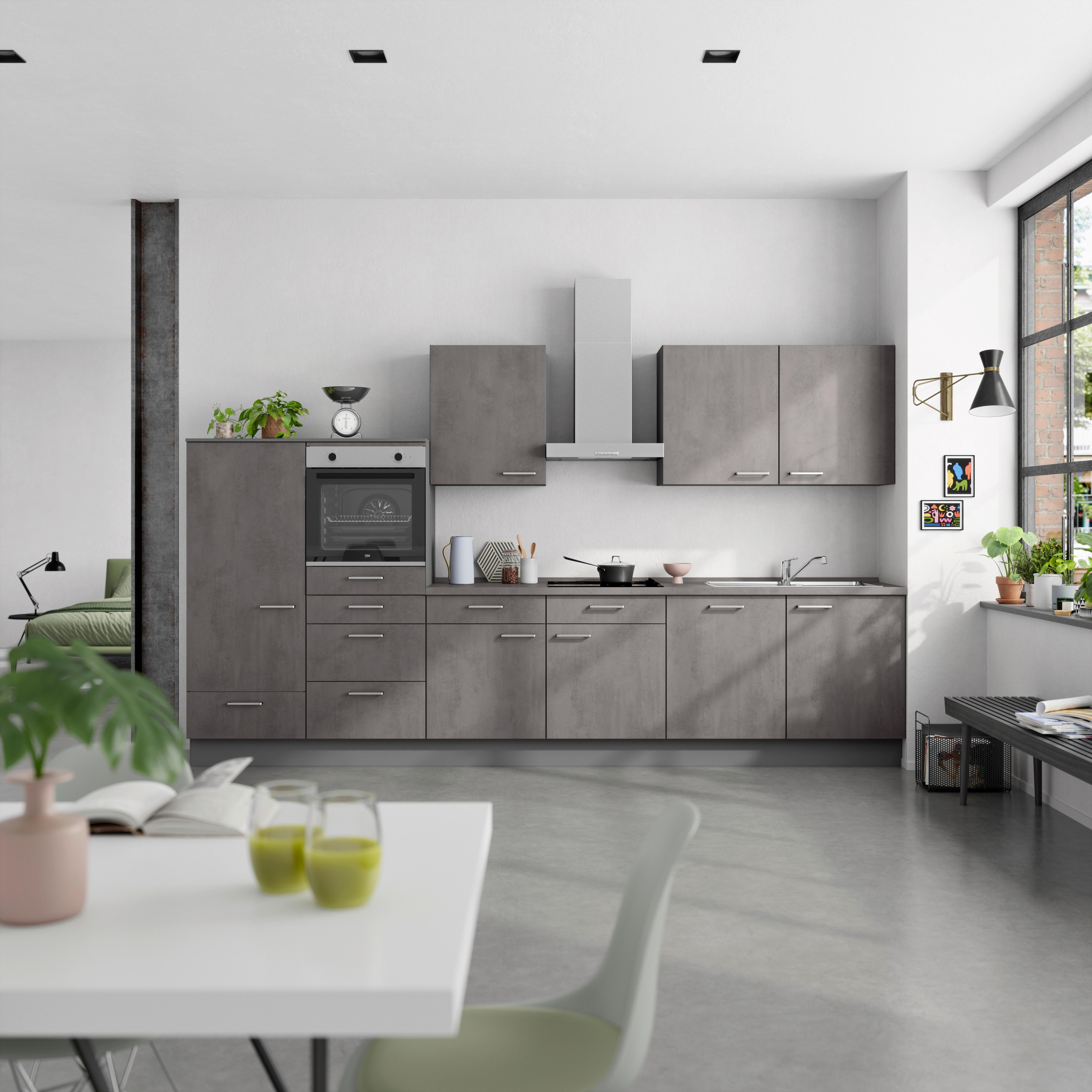 Küchenblock Riva Low m. Geräten Schieferfarben - Schieferfarben/Edelstahlfarben, MODERN, Holzwerkstoff/Metall (360cm) - Nobilia