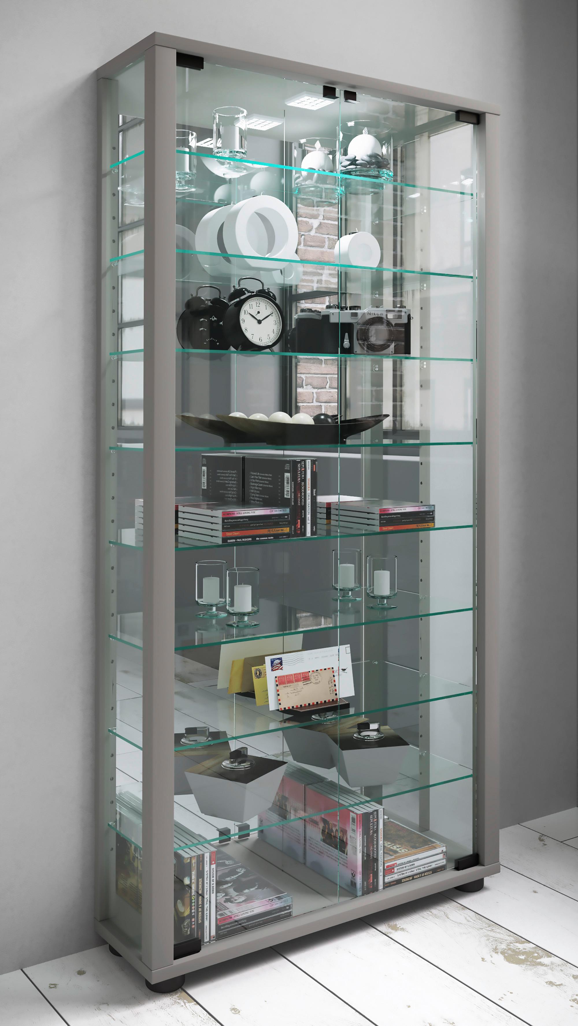 Vitrine Lumo mit LED ca. 59x115x18 cm Silber - Silberfarben/Schwarz, MODERN, Glas/Holzwerkstoff (59/114,8/18cm) - MID.YOU