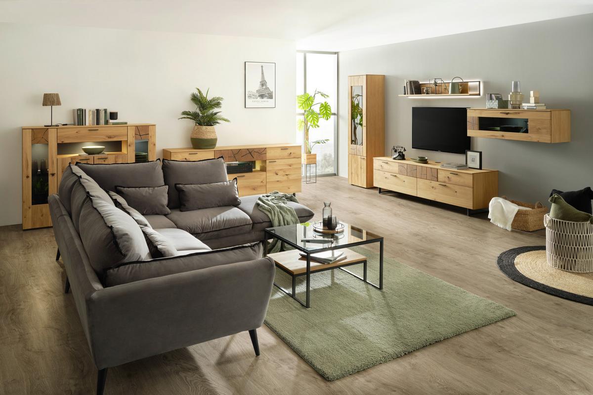 Highboard in Eichefarben - Eichefarben/Schwarz, Modern, Glas/Holzwerkstoff (154/130/41cm) - Premium Living