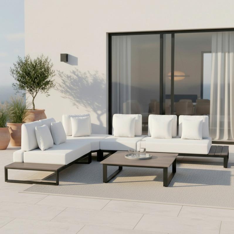 Loungegarnitur Silvano Weiß Metall/Outdoorstoff - Schwarz/Weiß, MODERN, Kunststoff/Textil (323/79cm) - Bessagi Garden