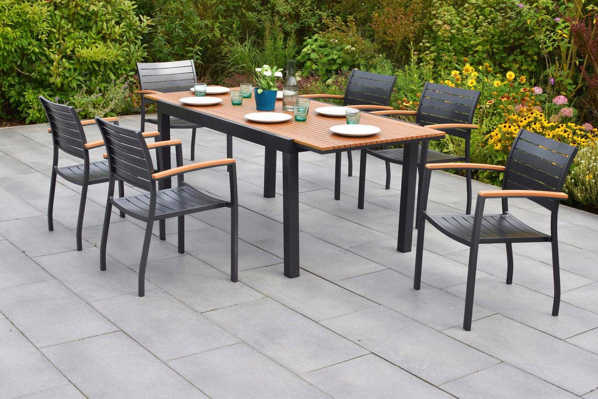 Gartentischgruppe Astros 7-tlg. Graphitfarben - Graphitfarben/Naturfarben, KONVENTIONELL, Kunststoff/Metall - Gardenson