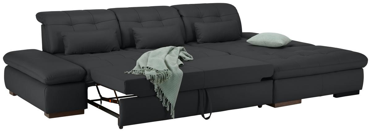 Wohnlandschaft Sanfino Leder Schwarz - Chromfarben/Schwarz, KONVENTIONELL, Leder/Metall (305/79-96/199cm) - Premium Living