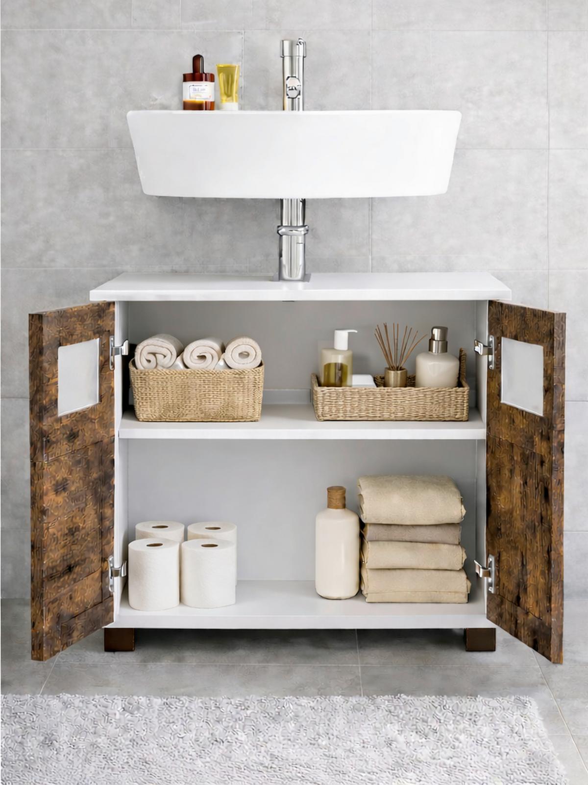 Waschbeckenunterschrank Nilari - Weiss/Eichefarben, Trend, Glas/Holzwerkstoff (60/60/29cm) - MID.YOU