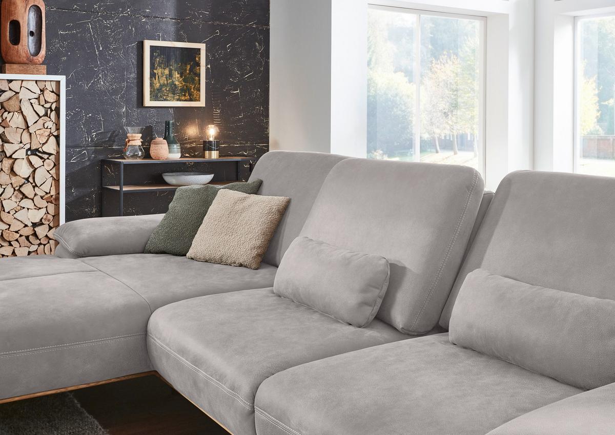 Wohnlandschaft Erling Hellgrau - Beige/Hellgrau, MODERN, Leder/Metall (187/89/322cm) - Premium Living