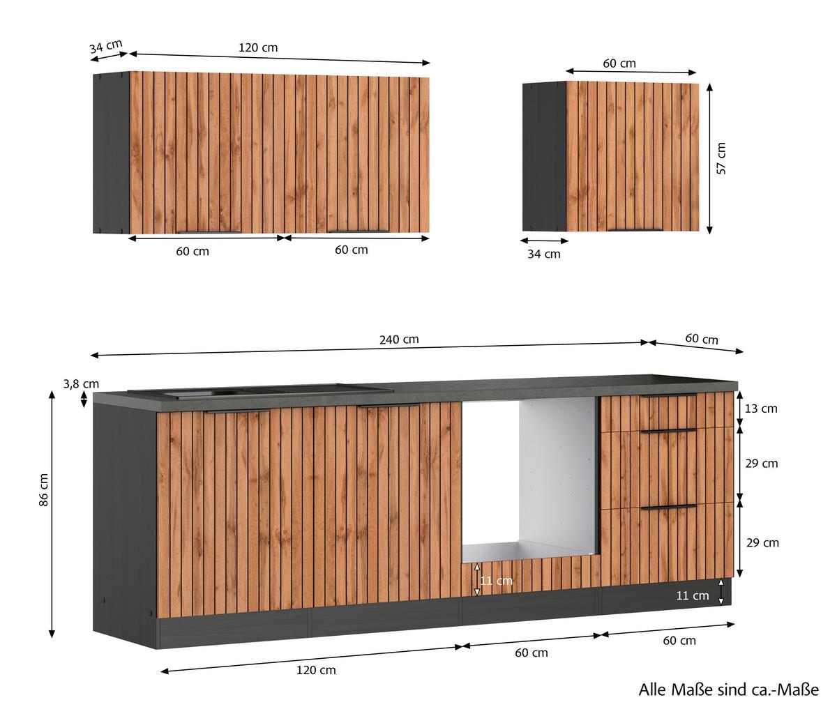 Küchenleerblock Liverpool o. Geräte Graphit/Eichefarben - Schieferfarben/Eiche Wotan, Basics, Holzwerkstoff/Metall (240cm) - Held