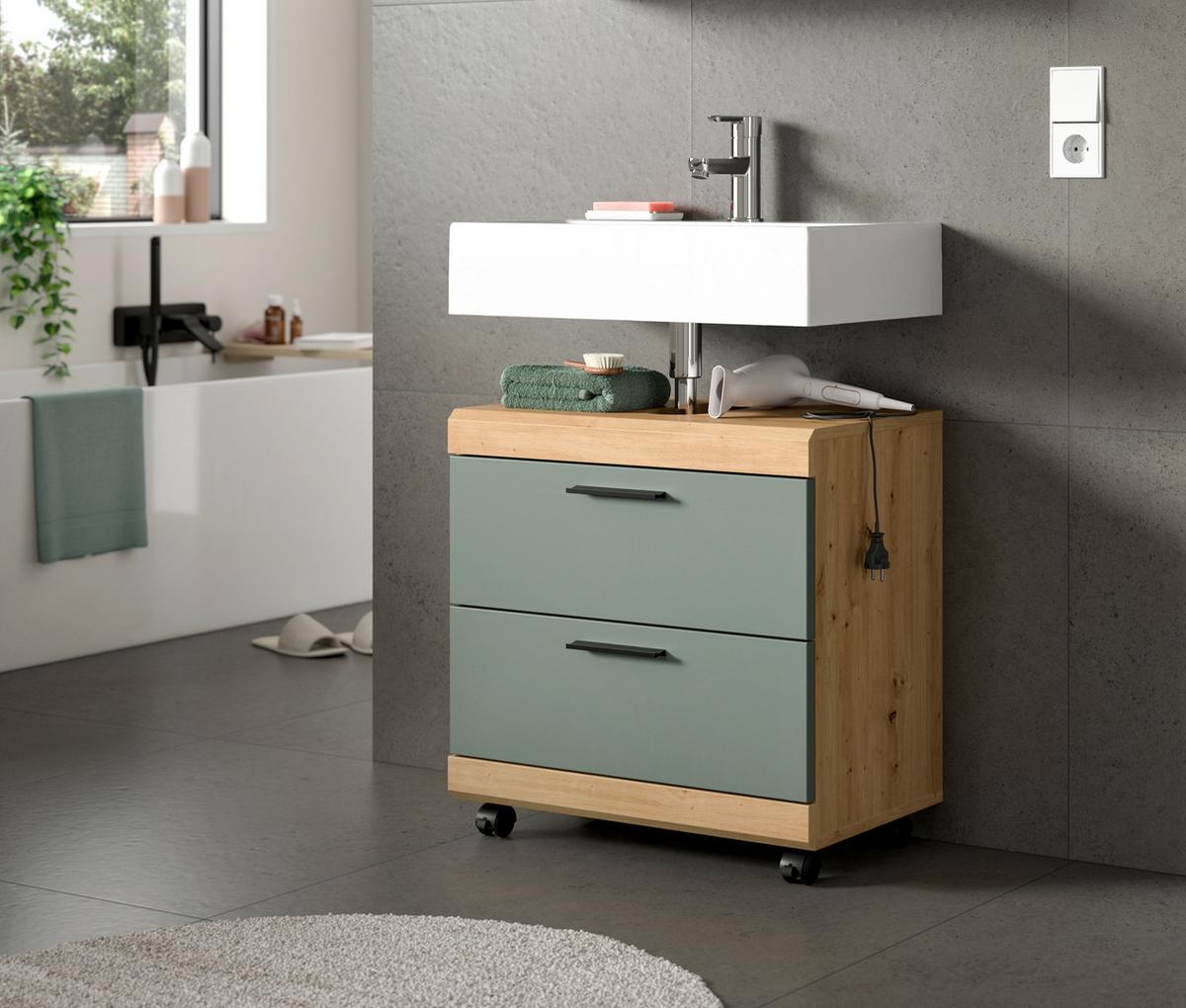Waschbeckenunterschrank Scout Salbeigrün/Eiche Artisan - Salbeigrün/Schwarz, Trend, Holzwerkstoff/Kunststoff (60/60/34cm) - MID.YOU