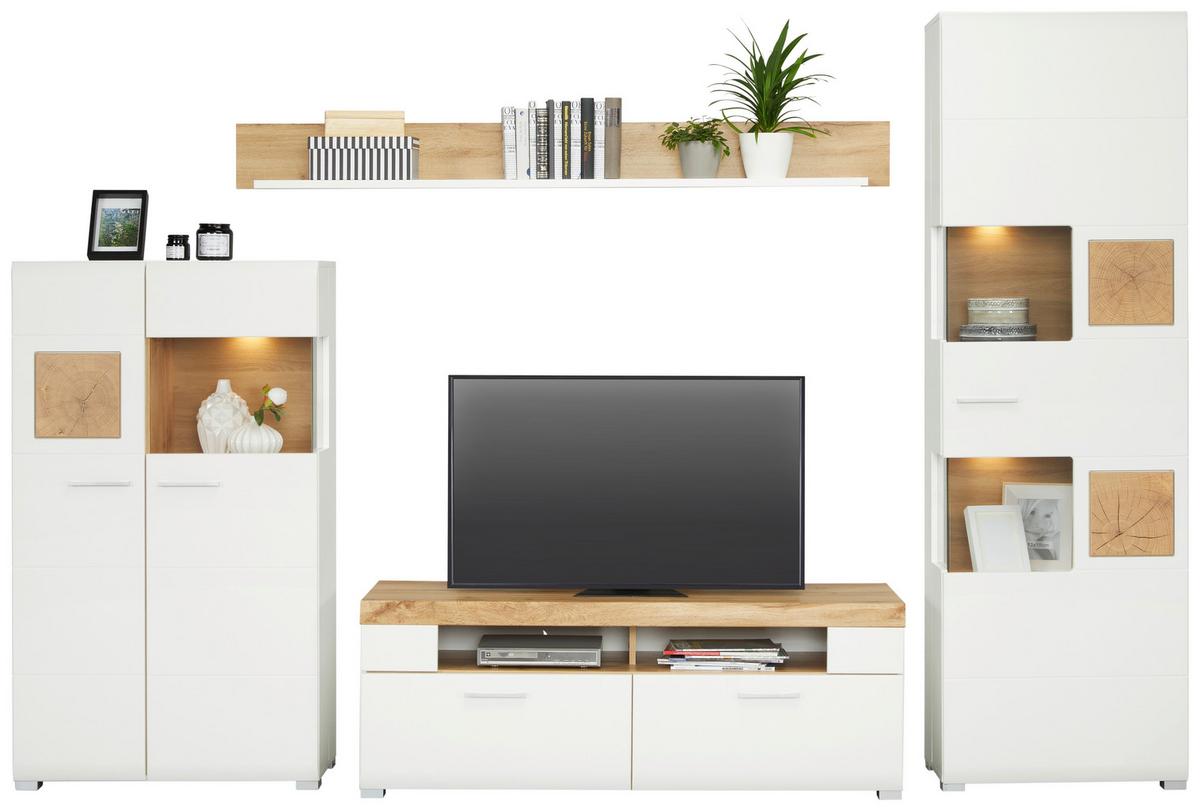 Wohnwand in Weiß inkl. Beleuchtung - Chromfarben/Eichefarben, MODERN, Holzwerkstoff/Metall (325/205/47cm) - Mömax