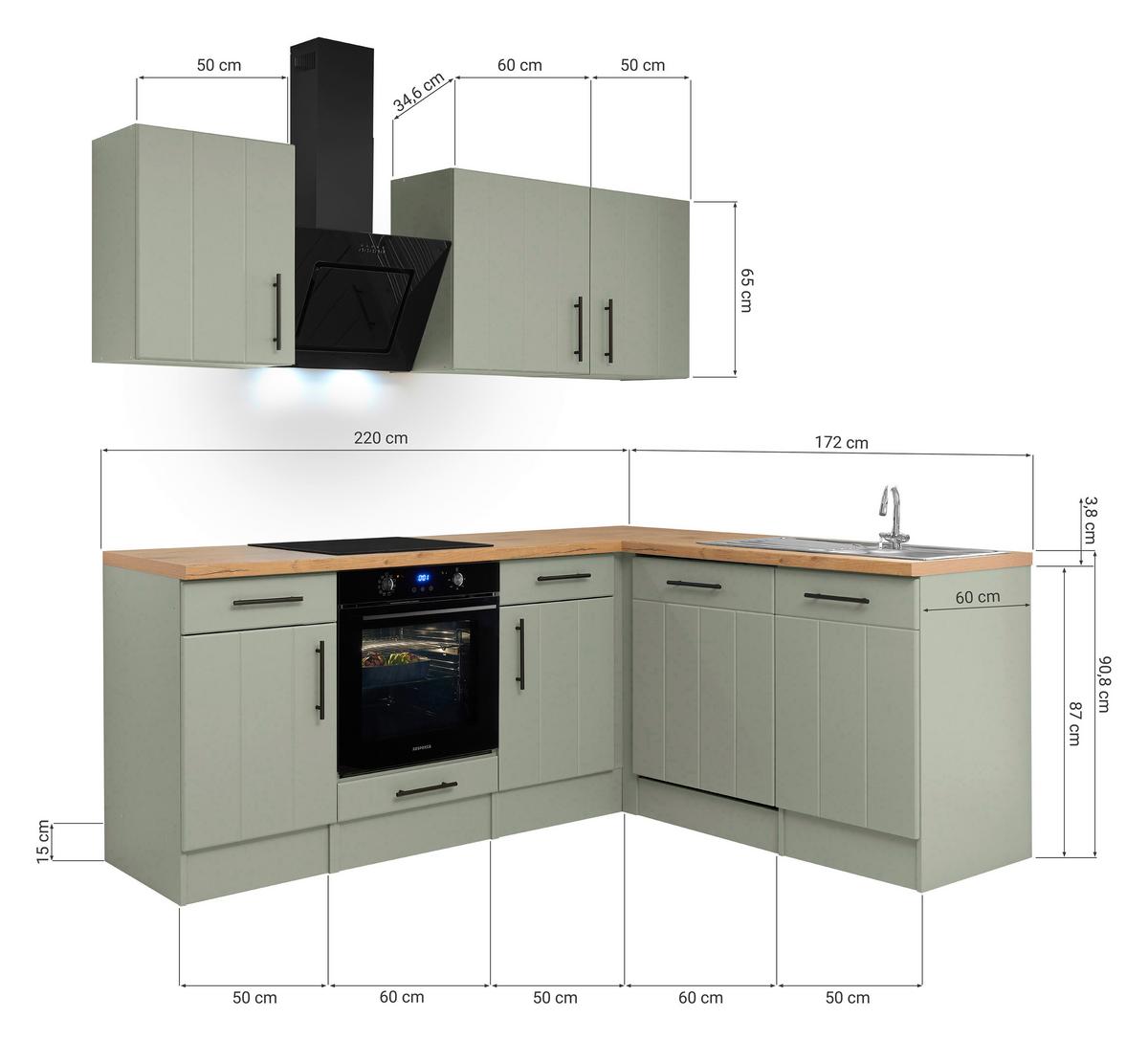 Eckküche Anton m. Geräte ca. 220x172cm Eiche/Schilfgrün - Schilfgrün/Wildeiche, Trend, Holzwerkstoff/Metall (220/172cm) - Respekta
