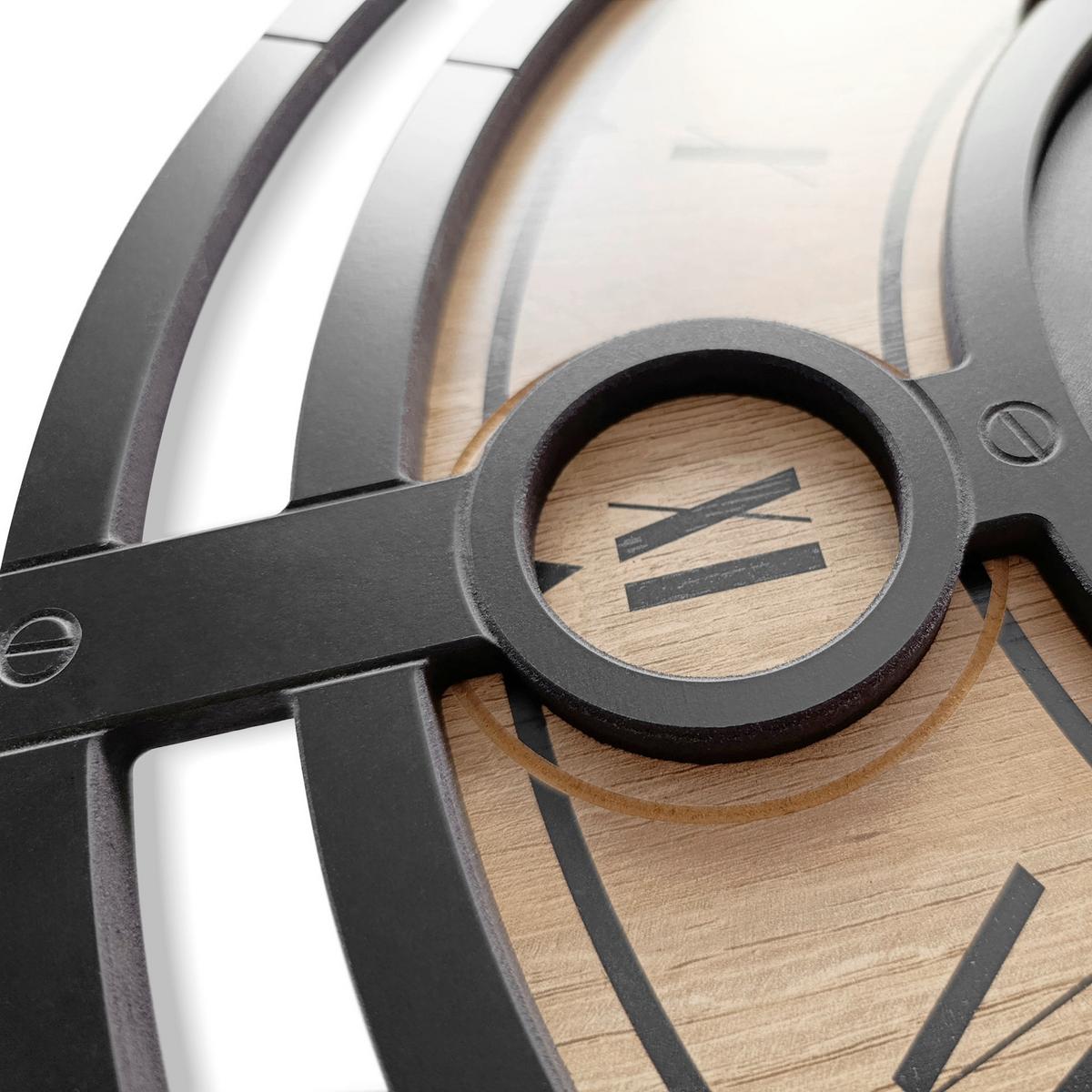 Wanduhr Max Schwarz/Eiche Ø ca. 57cm - Eichefarben/Silberfarben, Basics, Holz/Kunststoff (57cm)