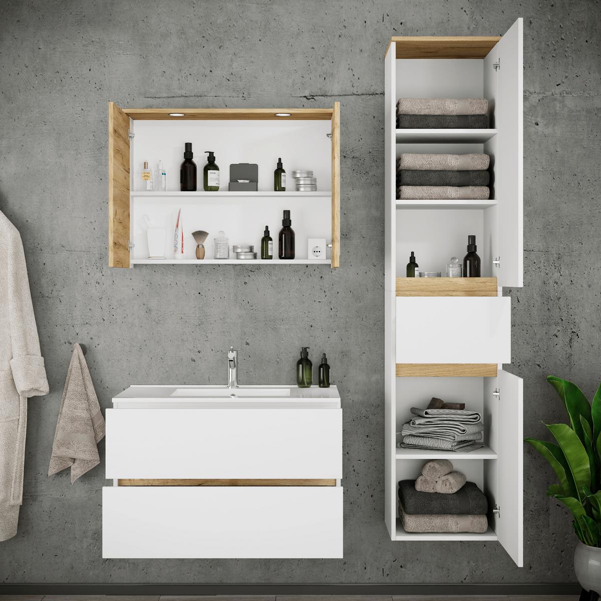 Badezimmer Cosila - Honigeiche/Weiss, Trend, Keramik/Holzwerkstoff (121cm) - MID.YOU