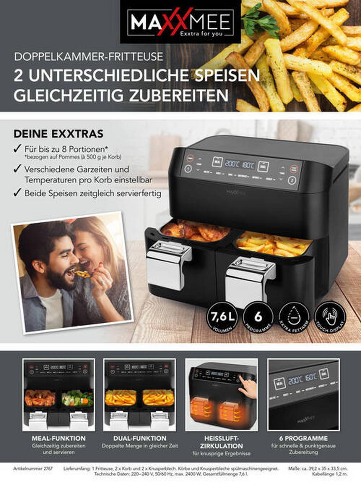 Heißluftfritteuse Maxxmee Schwarz max. 2400 Watt - Silberfarben/Schwarz, Basics, Kunststoff/Metall (39,2/35/33,5cm)