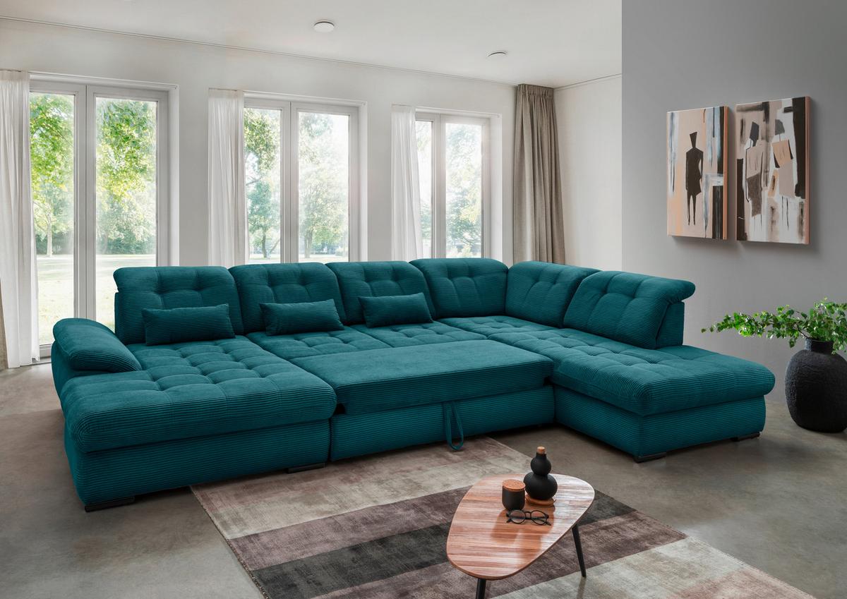 Wohnlandschaft Rigatti Petrol Cord mit Bettkasten - Petrol/Schwarz, MODERN, Textil/Metall (184/387/252cm) - Livetastic