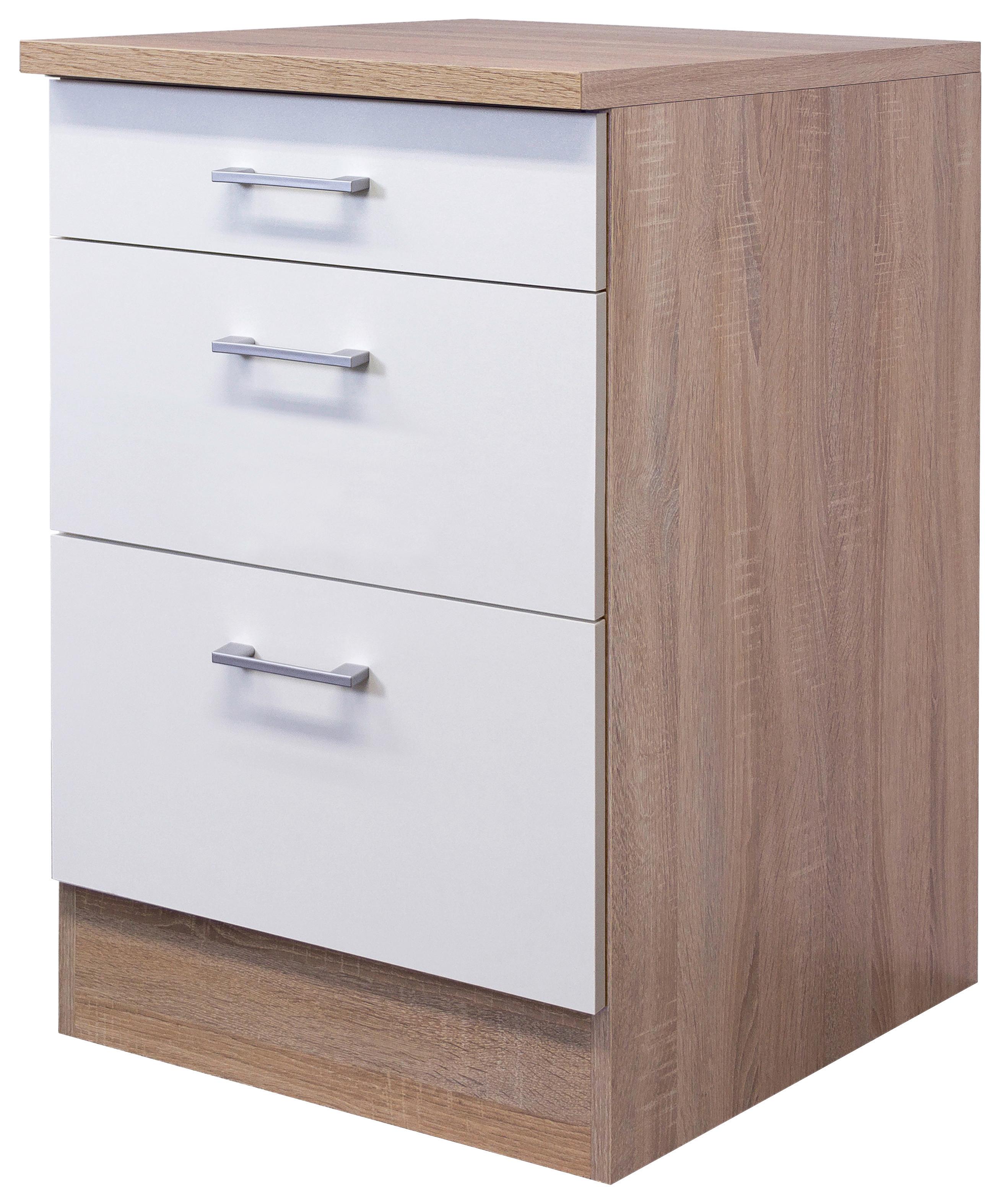 Schubkastenunterschrank Samoa Weiß/Eichefarben - Alufarben/Weiß, KONVENTIONELL, Holzwerkstoff/Kunststoff (60cm) - FlexWell