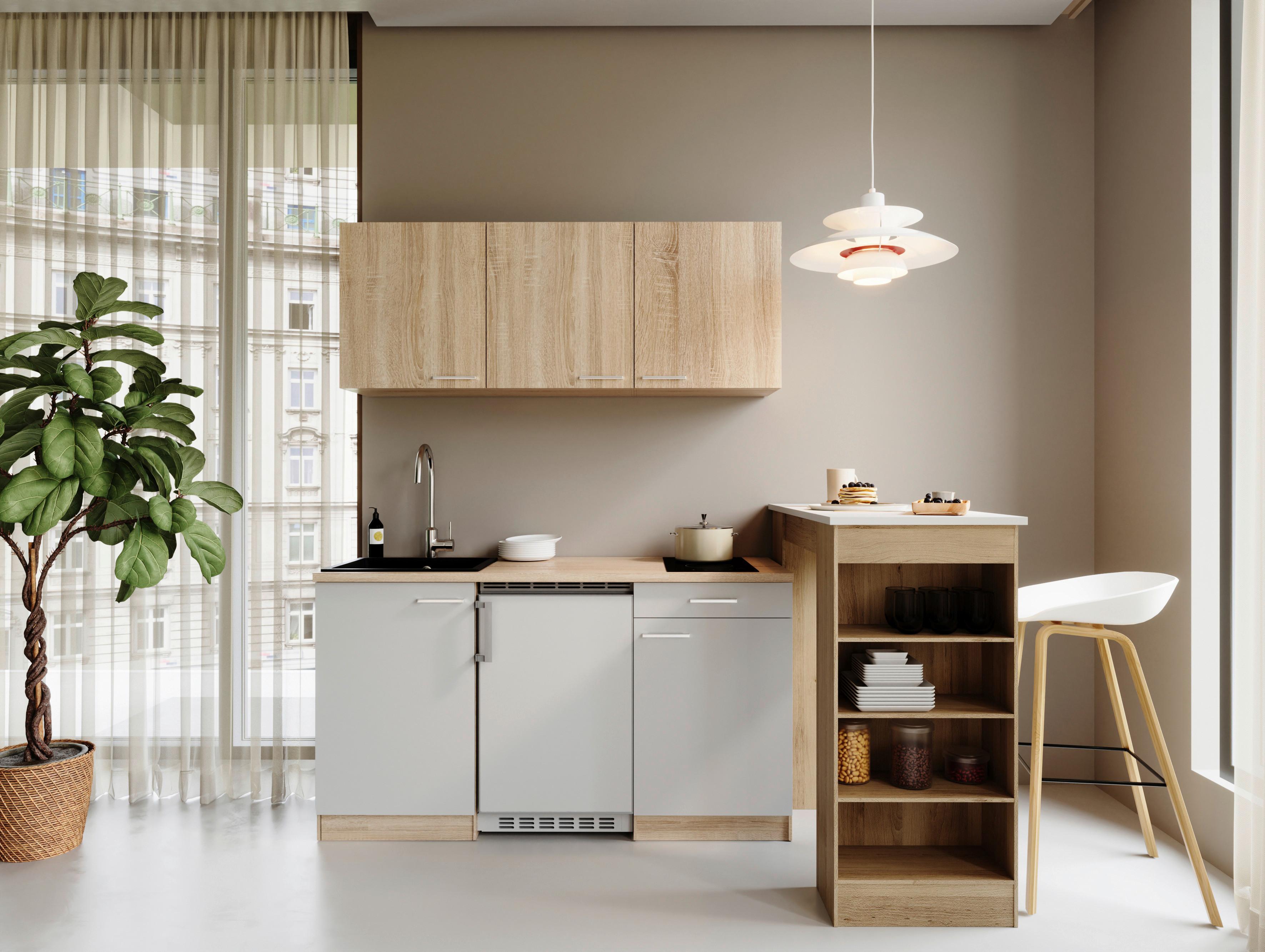 Miniküche Ingrid m. Geräten ca. 150cm Weiß - Eichefarben/Alufarben, Design, Holzwerkstoff/Kunststoff (150cm) - Respekta