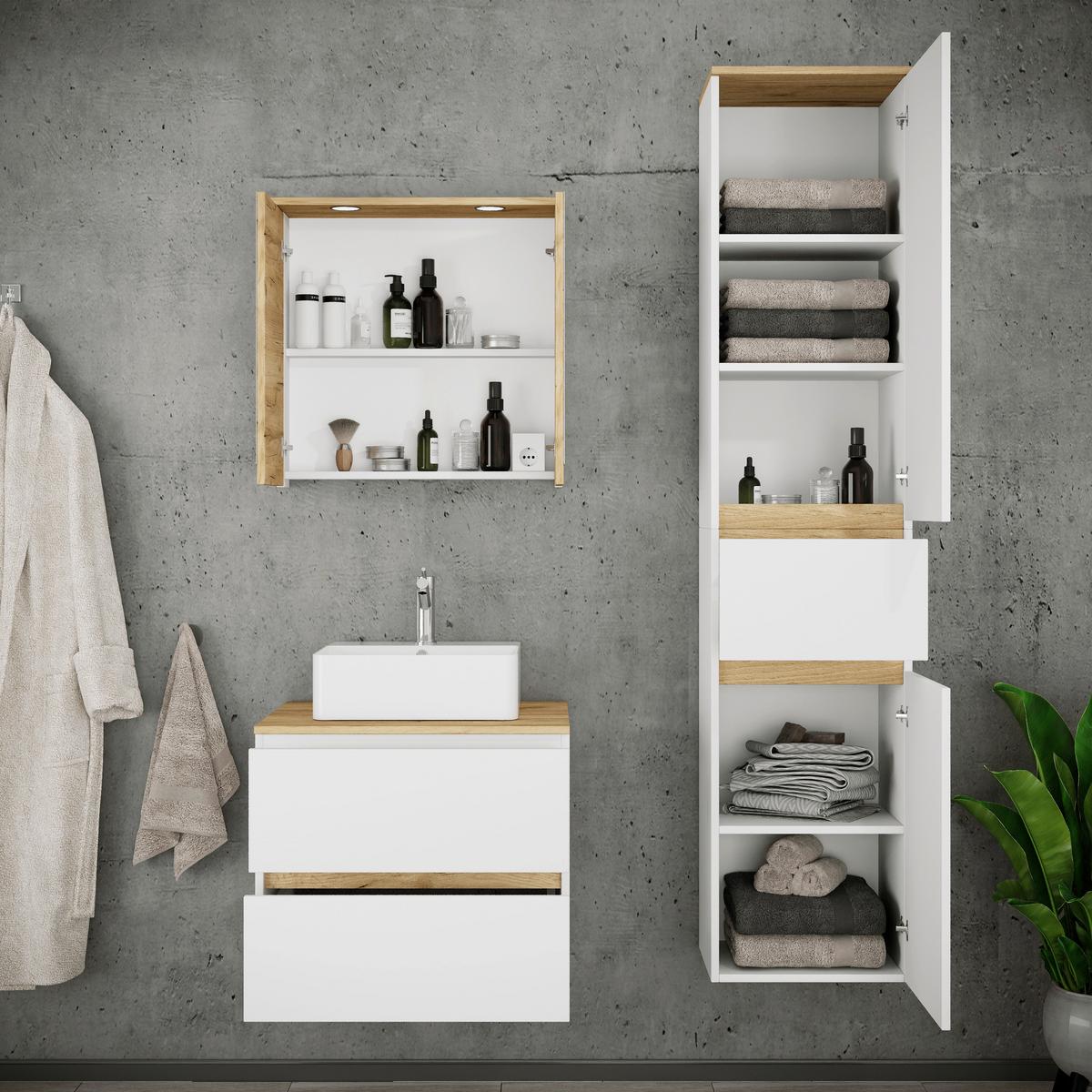 Badezimmer Cosila - Honigeiche/Weiss, Trend, Keramik/Holzwerkstoff (90cm) - MID.YOU