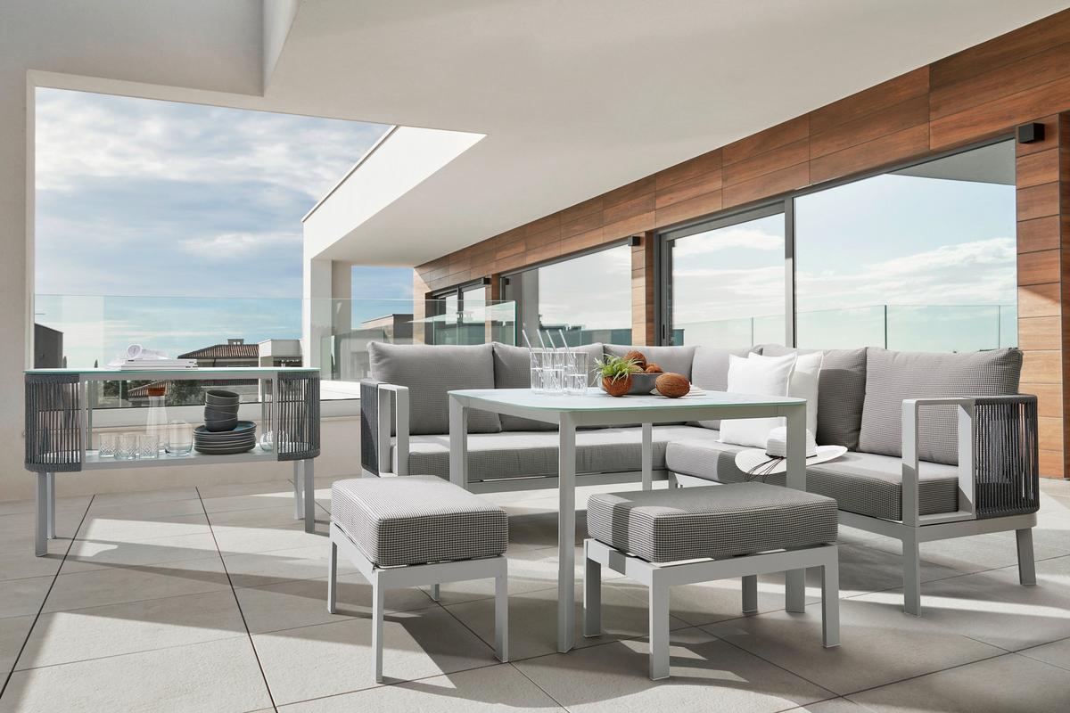 Gartenlounge Levin In Grau/weiss - Weiss/Grau, Modern, Glas/Textil (131/199cm) - Mömax