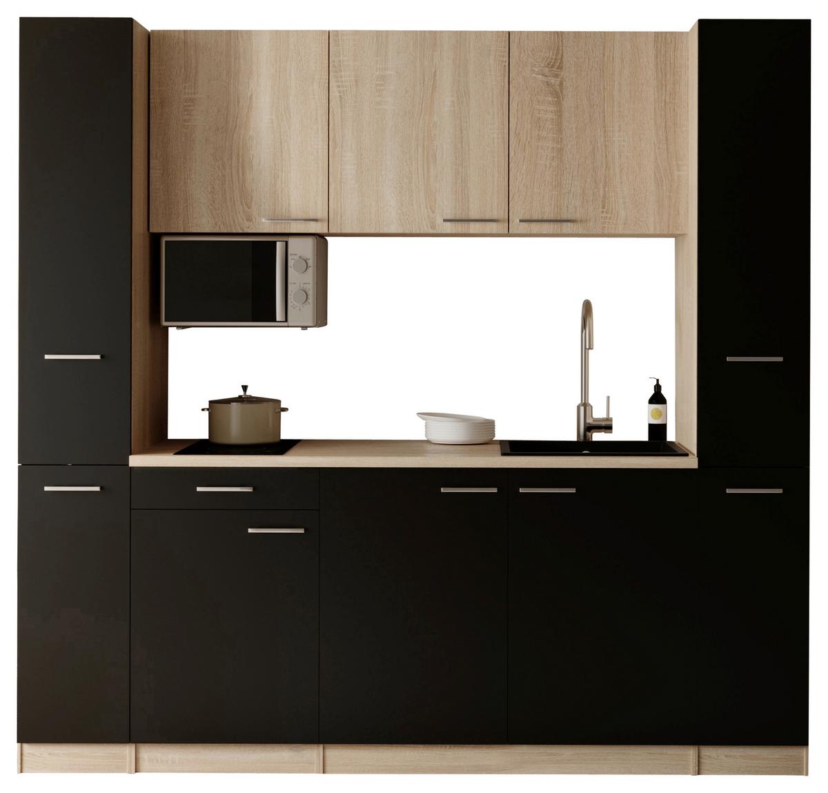 Küchenblock Ingrid m. Geräten Schwarz - Eichefarben/Schwarz, Design, Holzwerkstoff/Kunststoff (210cm) - Respekta