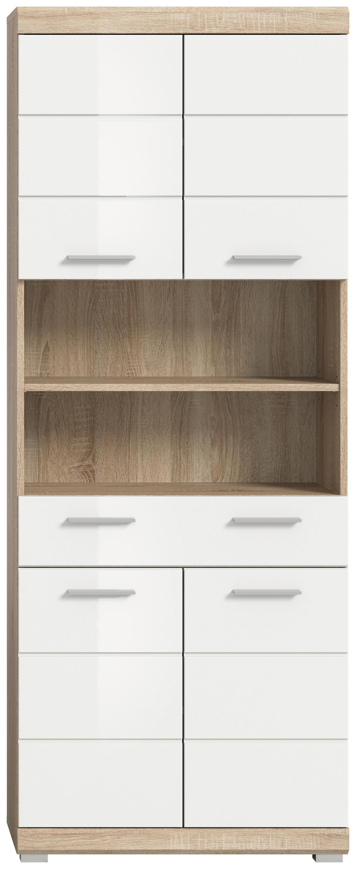 Hochschrank Lambada ca. 74x191 cm Sonom Eiche/Weiß - Weiß Hochglanz/Silberfarben, MODERN, Holzwerkstoff/Kunststoff (74/191/31cm) - MID.YOU