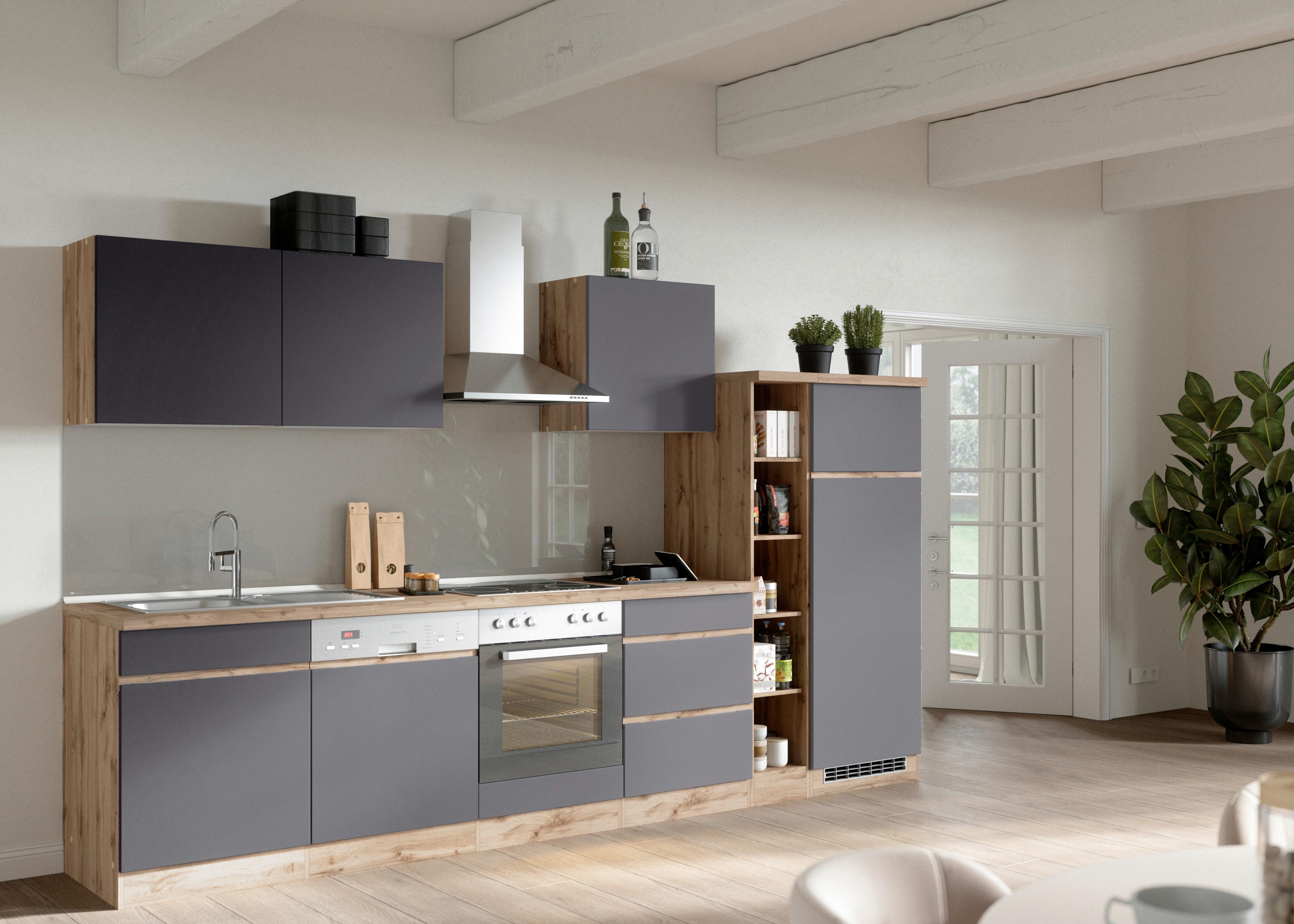 Küchenzeile Turin mit Geräten ca. 330 cm Grau/Wotaneiche - Eiche Wotan/Grau, Design, Holzwerkstoff (330cm) - Held