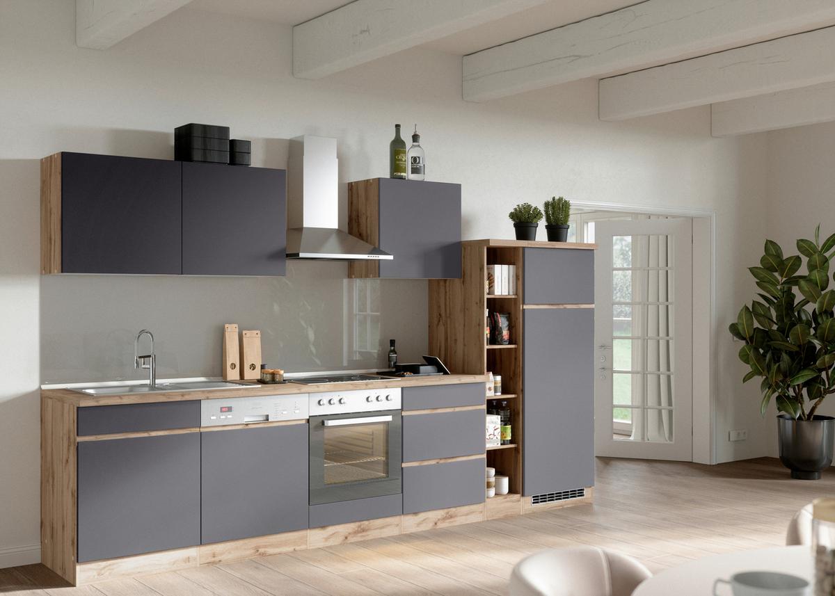 Küchenzeile Turin ohne Geräte ca. 330 cm Grau/Wotaneiche - Eiche Wotan/Grau, Design, Holzwerkstoff (330cm) - Held