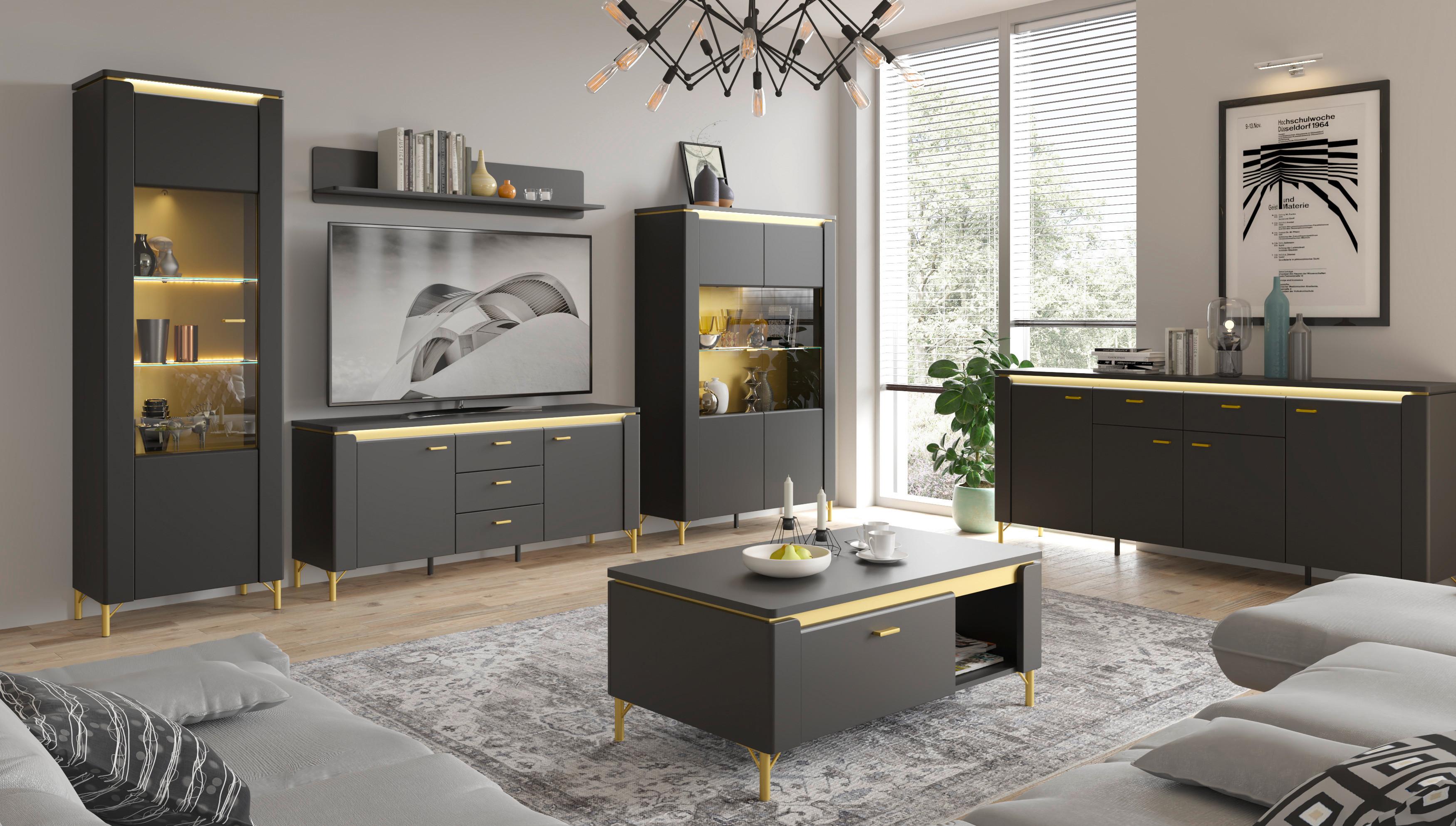 Comodă NORICA - auriu/negru, Trend, material pe bază de lemn (110,4/87,3/40cm) - Modern Living