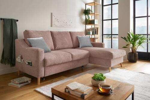 Wohnlandschaft Valentina Dunkelrosa Mikrofaser - Dunkelrosa/Naturfarben, Design, Holz/Textil (228/150cm) - MID.YOU