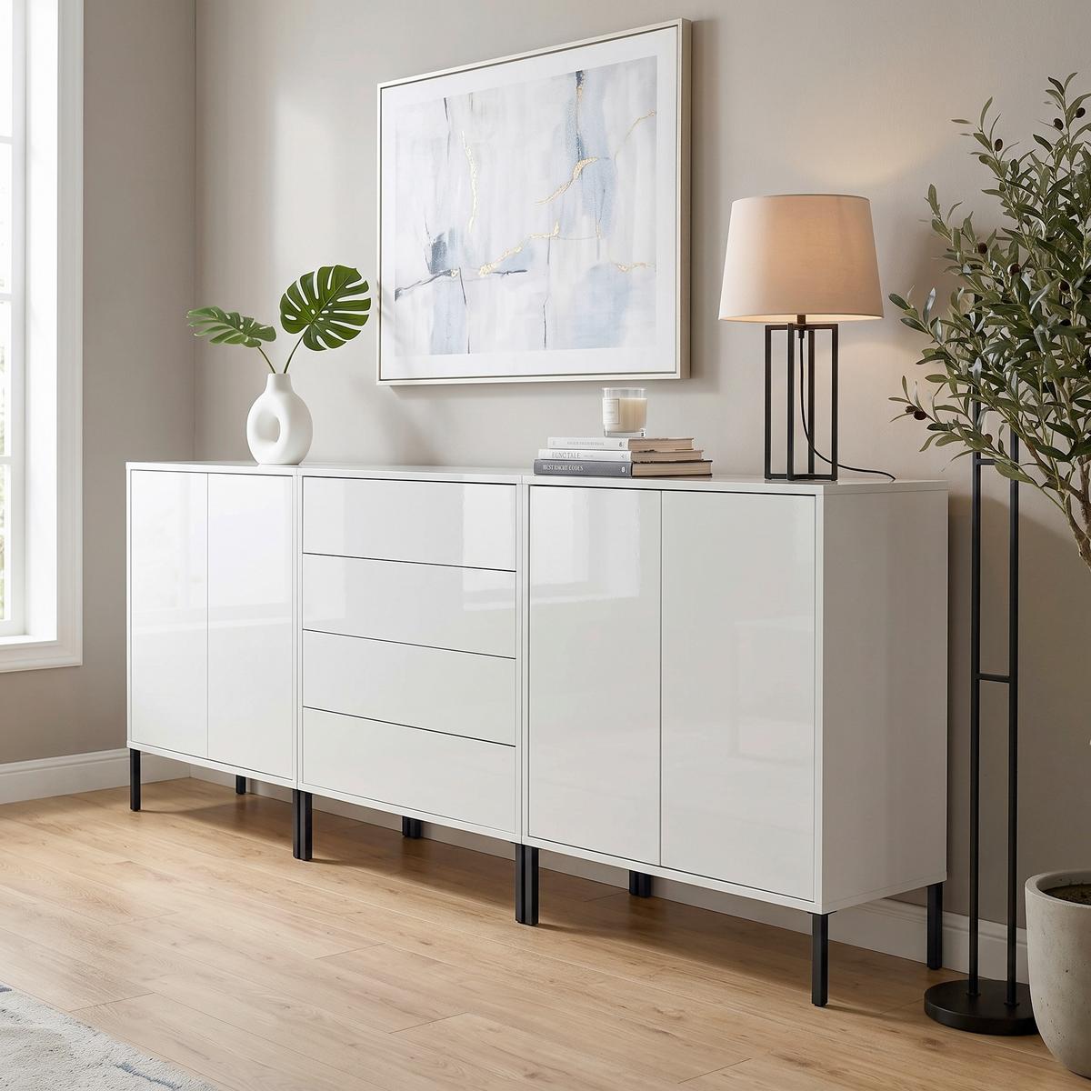 Sideboard Mailand Set 5 Weiß - Weiß Hochglanz/Anthrazit, MODERN, Holzwerkstoff/Metall (237/86/33cm) - MID.YOU