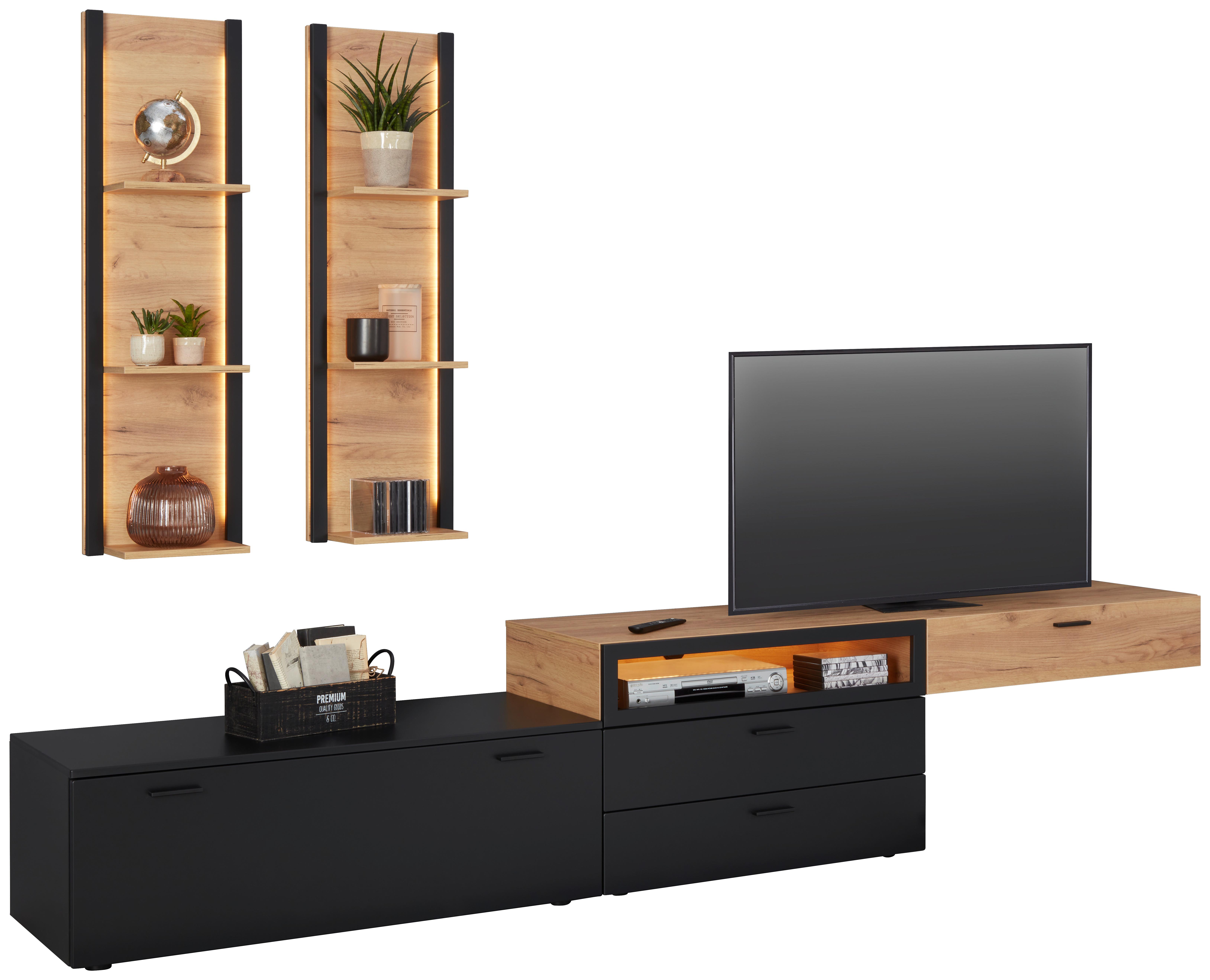 Wohnwand in Schwarz/Eichefarben - Eichefarben/Schwarz, Modern, Holzwerkstoff/Metall (300/210/50cm) - Modern Living