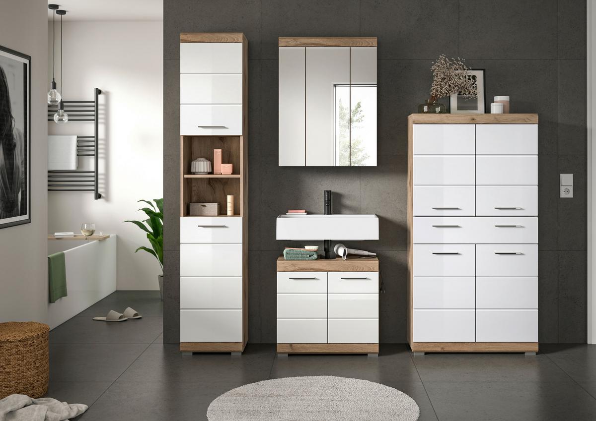 Badezimmer Wave 4-tlg. ca. 171 cm Eiche/Weiß - Chromfarben/Weiß Hochglanz, MODERN, Glas/Holzwerkstoff (171cm) - MID.YOU