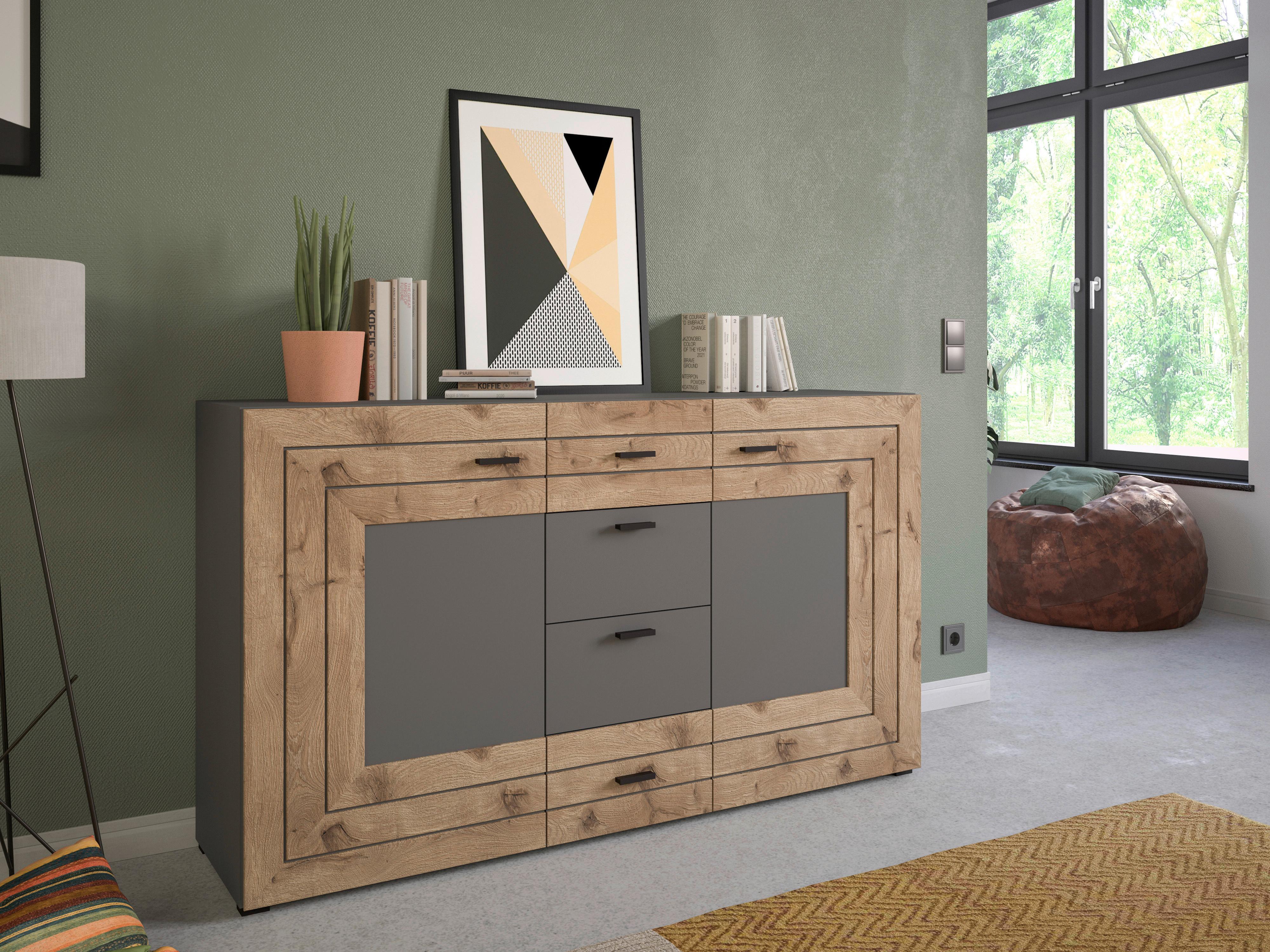 Komoda Freno, Barva Hrasta, Siva - Konvencionalno, kovina/umetna masa (160/90/40cm) - MID.YOU