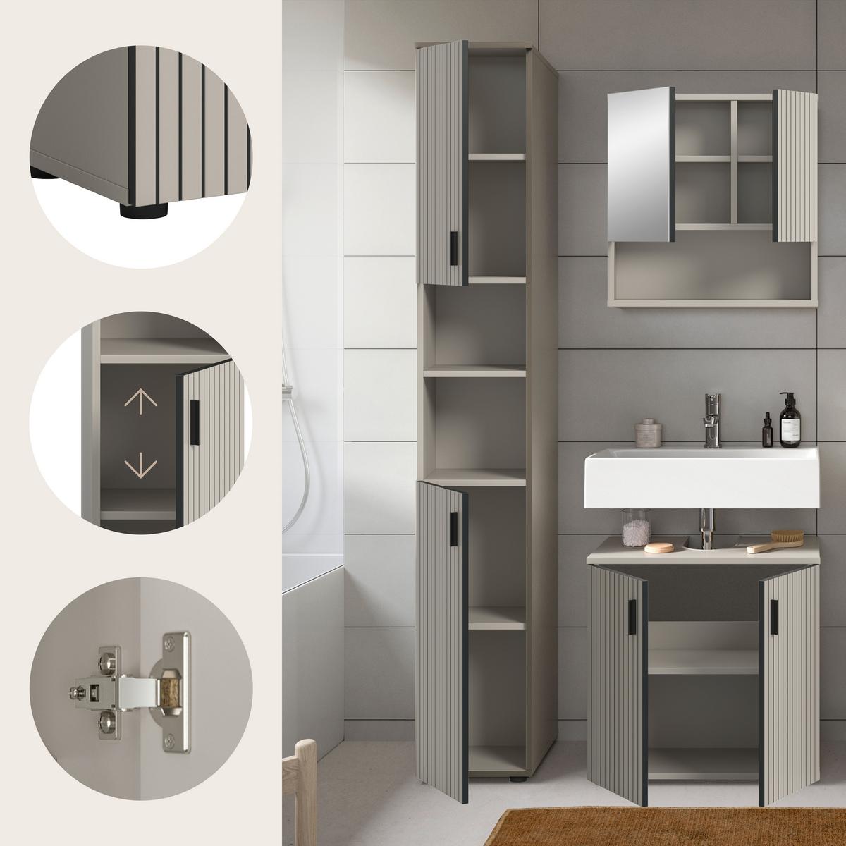 Badezimmer Mone Schwarz/Kaschmir 3-teilig - Kaschmir/Schwarz, Trend, Glas/Holzwerkstoff (90cm) - MID.YOU