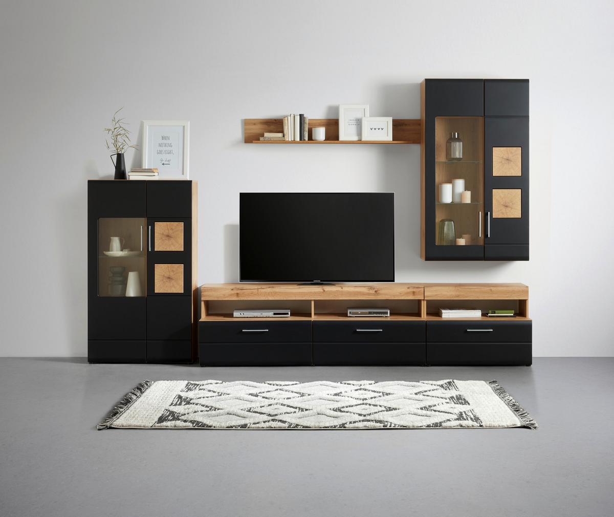 Wohnwand in Schwarz/Eichefarben - Chromfarben/Eichefarben, KONVENTIONELL, Glas/Holzwerkstoff (330/208/52cm) - Mömax