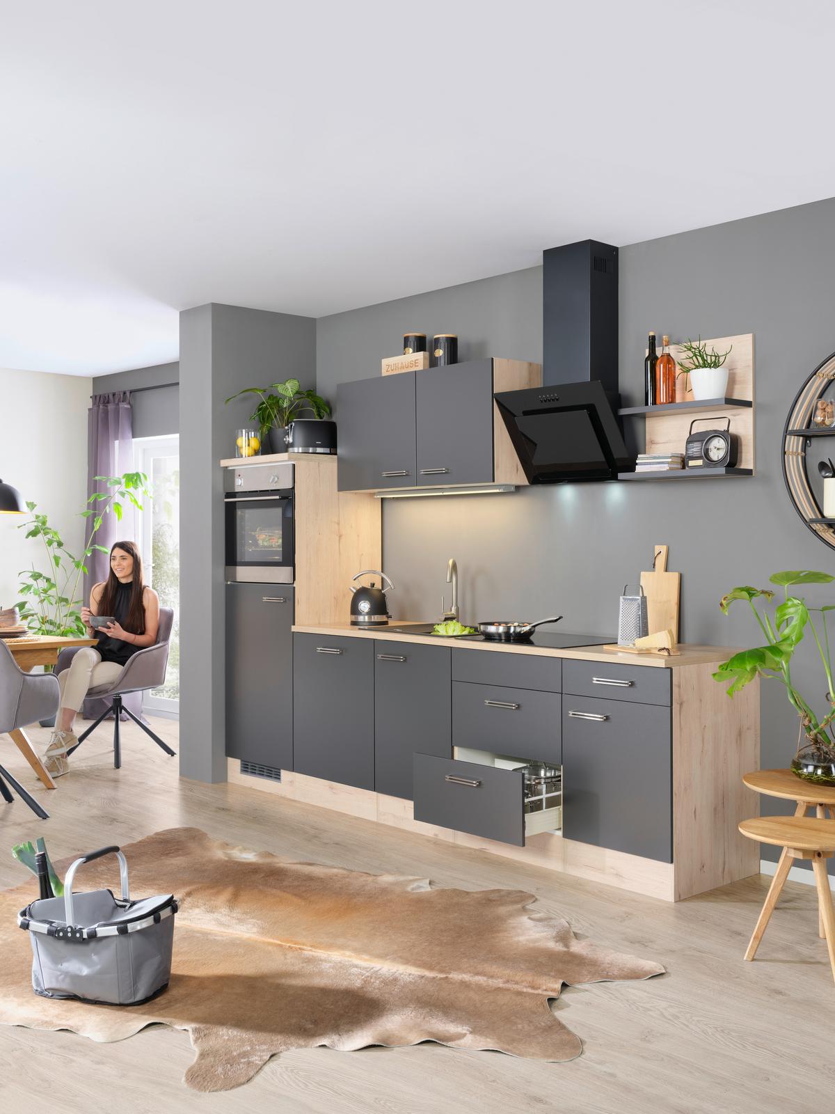 Küchenblock Milano Anthrazit/Eiche - Anthrazit/Schwarz, MODERN, Holzwerkstoff (280cm) - FlexWell