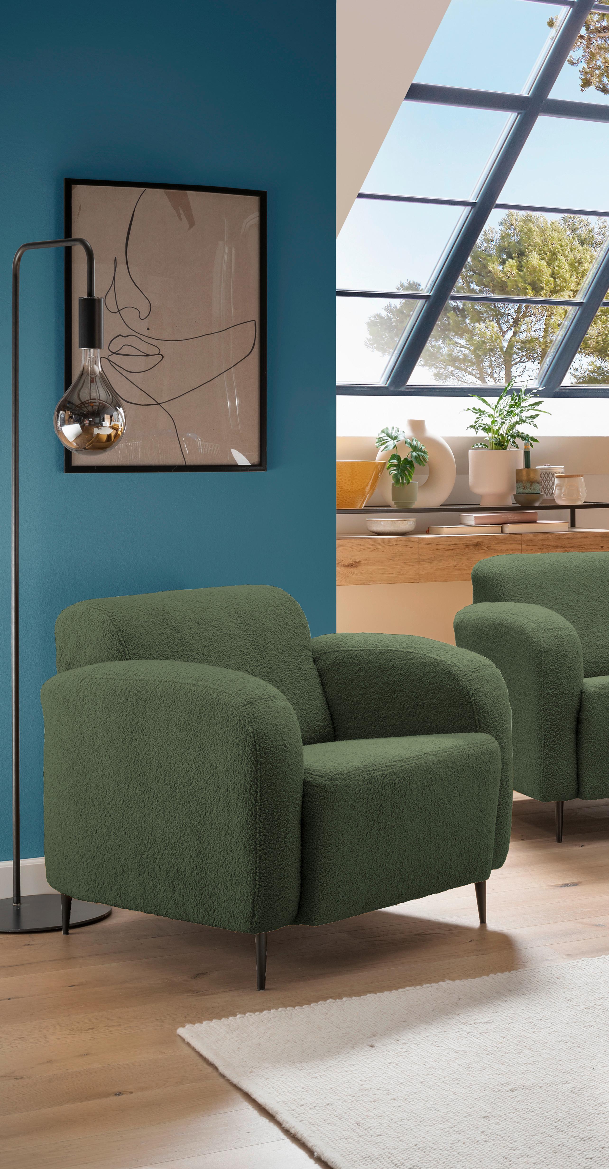 Sessel Marone Dunkelgrün Teddystoff - Dunkelgrün/Schwarz, MODERN, Textil/Metall (85/76/90cm) - Livetastic