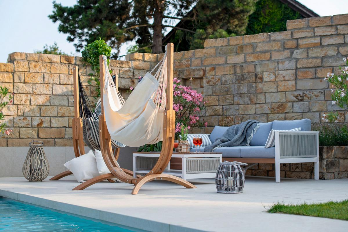 Hängematte Hammock Chair and Stand Natur/Weiß, 2er Set - Eukalyptusholzfarben/Naturfarben, KONVENTIONELL, Holz/Textil (100/152/92cm) - La Siesta