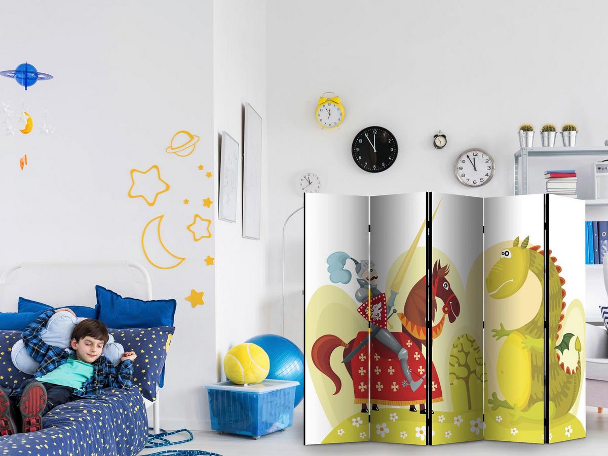 Paravan Dragon And Knight I, 5-Delni, Dvostranski - večbarvno/svetlo zelena, Basics, tekstil/les (225/172/3cm) - artgeist