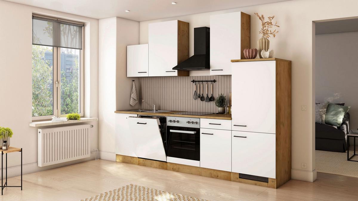 Küchenblock Avila m. Geräten Magnolie - Eichefarben/Magnolie, Trend, Holzwerkstoff/Metall (280cm) - FlexWell