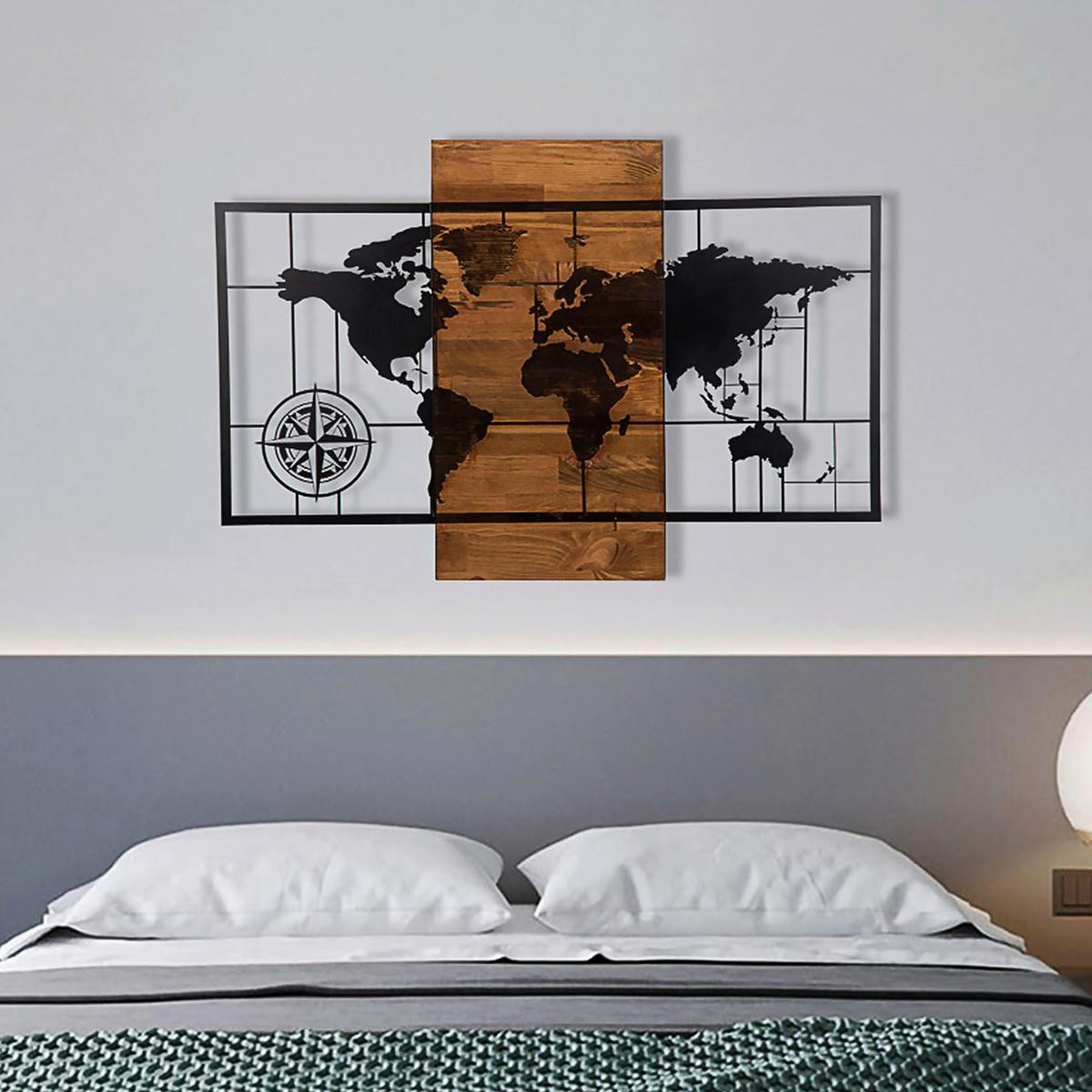 OBRAZ PRZESTRZENNY WORLD MAP WITH COMPASS - czarny/brązowy, Basics, materiał drewnopochodny (85/58cm)