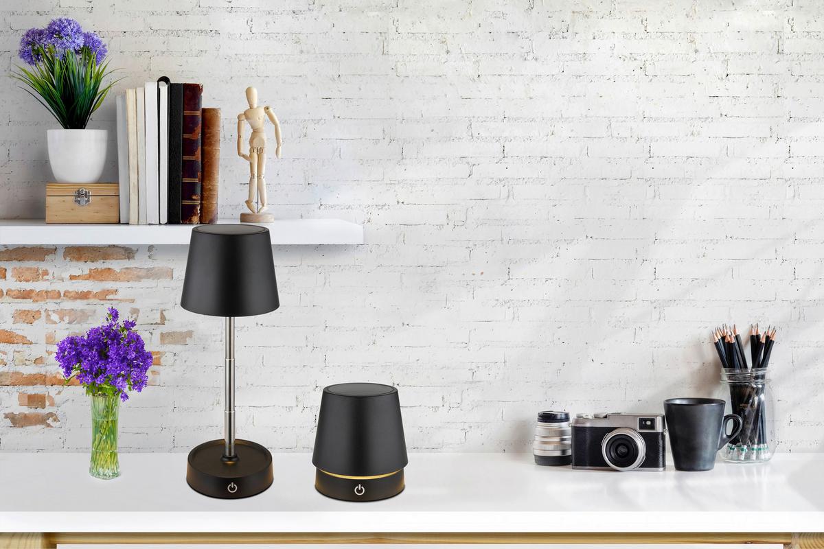 AKKU-TISCHLEUCHTE 58446B CARLOS - Chromfarben/Schwarz, Basics, Kunststoff/Metall (10,6/10,5-28cm) - Globo