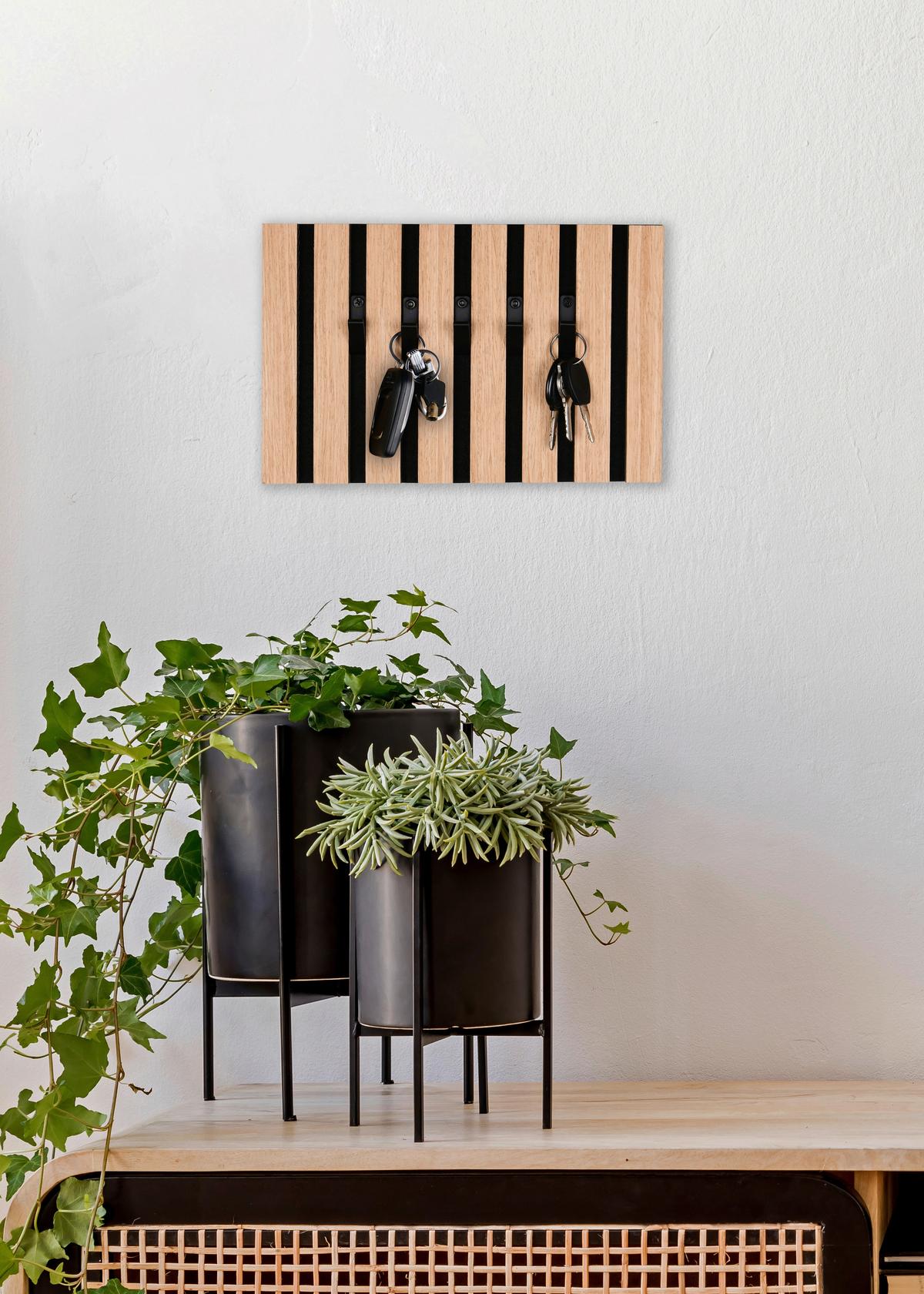 Schlüsselboard Grace Schwarz/Eiche inkl. 5 Haken - Schwarz, MODERN, Holzwerkstoff/Textil (31/20/2cm) - Mömax