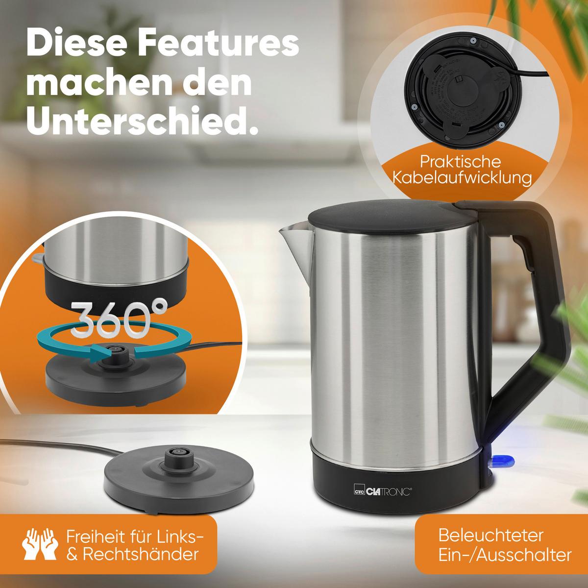 CZAJNIK ELEKTRYCZNY WKS 3692 SW - kolor stalowy/czarny, Trend, tworzywo sztuczne/metal (21/22/16cm) - Clatronic