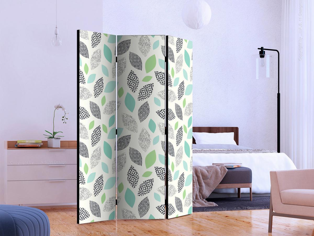 Paravan Patterned Leaves, 3-Delni, Dvostranski - zelena/bež, Basics, tekstil/les (135/172/3cm) - artgeist