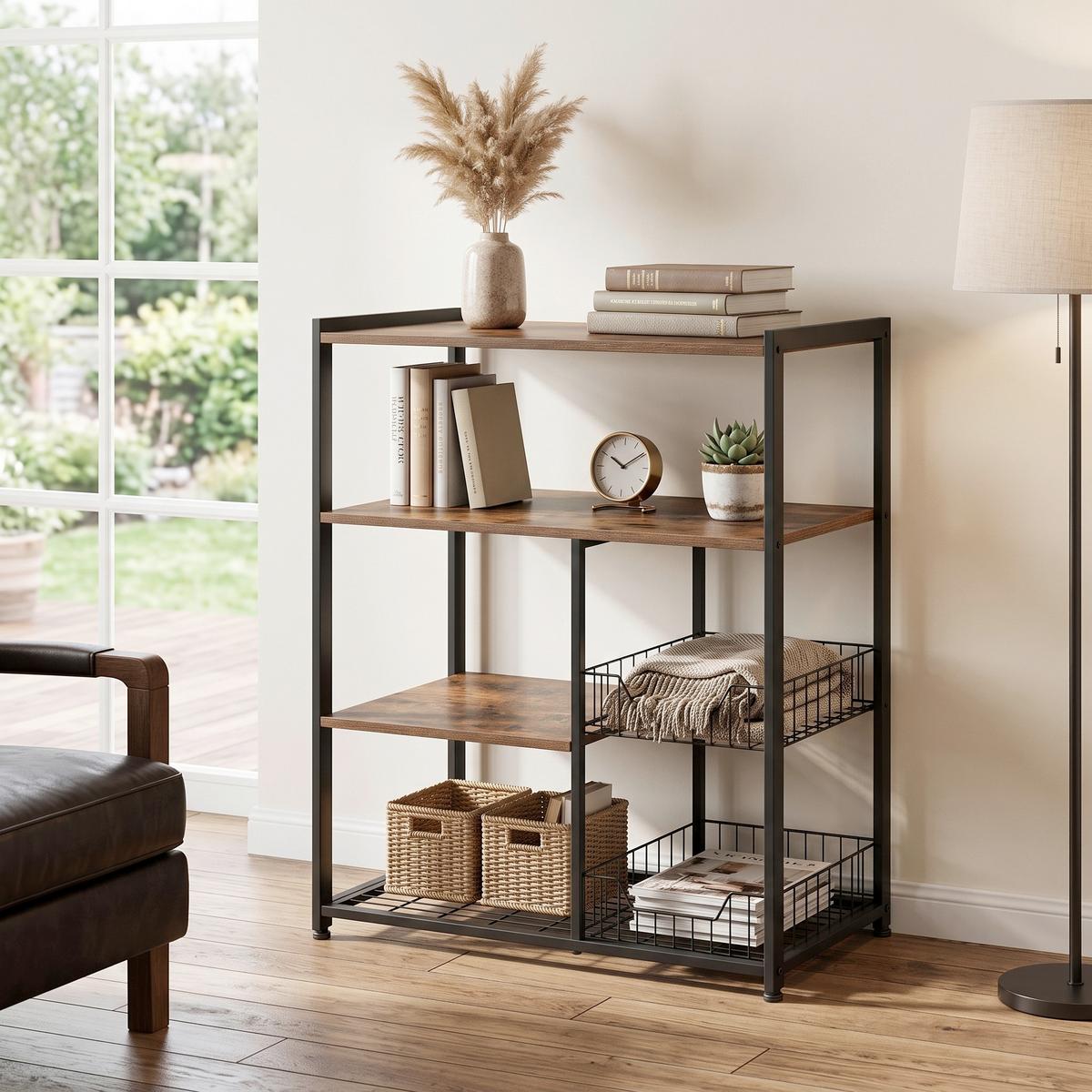 Regal Braun/ Schwarz ca. 80x35x95 cm - Schwarz/Braun, Trend, Holzwerkstoff/Metall (80/35/95cm) - MID.YOU